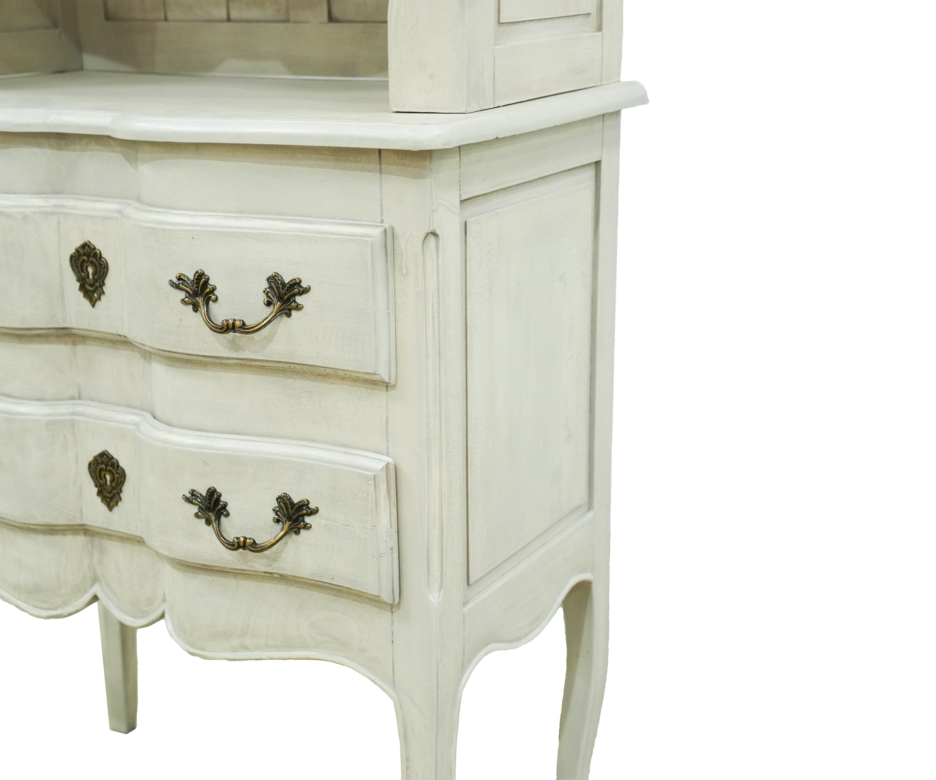 White French Country Display Cabinet with Open Shelves and Drawers