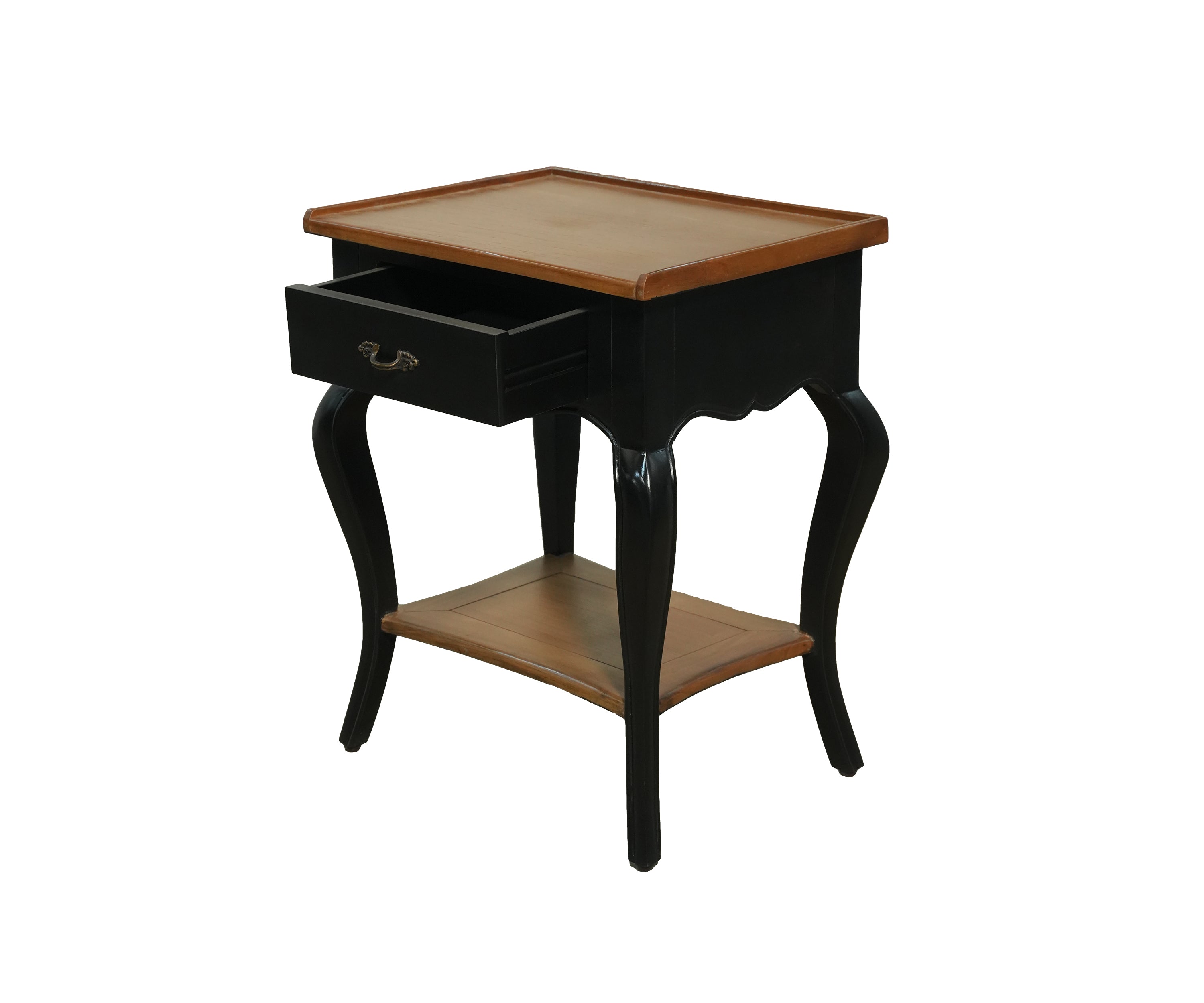 French style Black Side Table with Warm Wood Top and Open Shelf