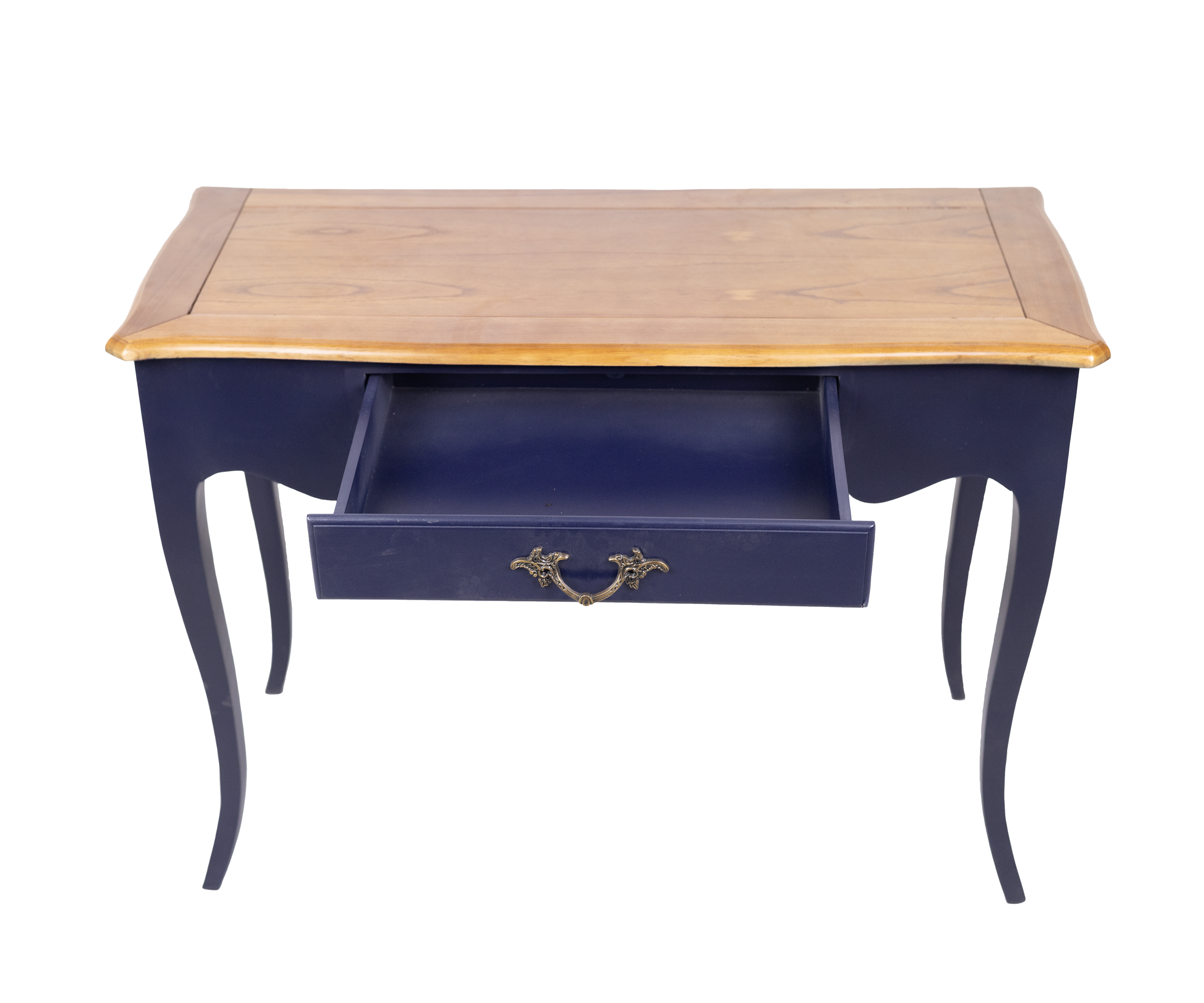 French Country Navy Blue Console Table with Natural Wood Top