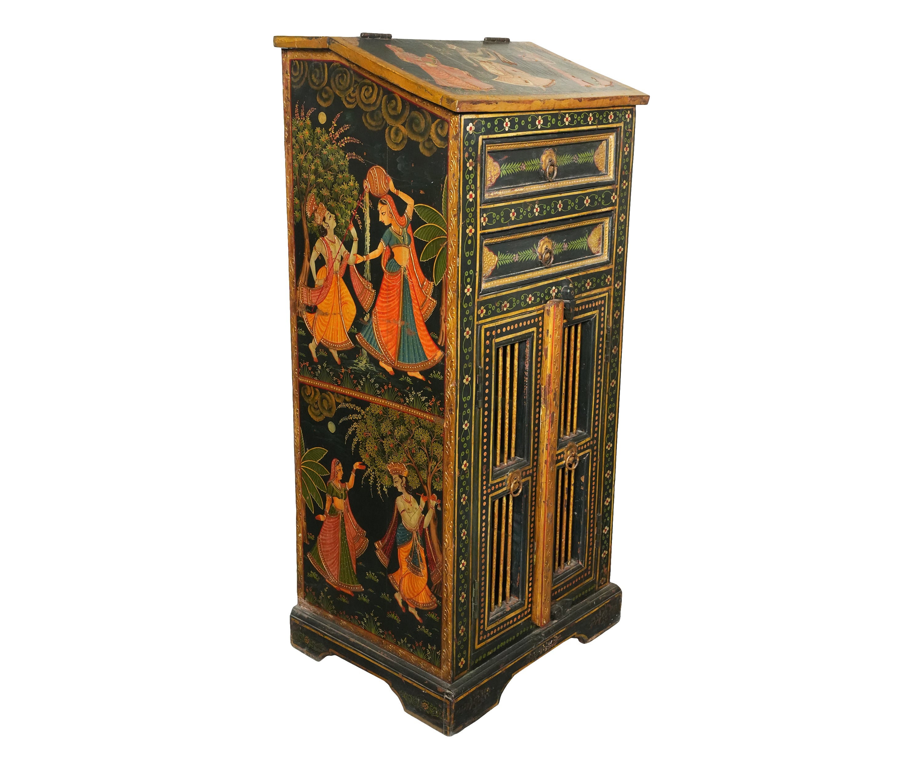 Hand-Painted Wooden Cabinet with Drawers and Double Doors