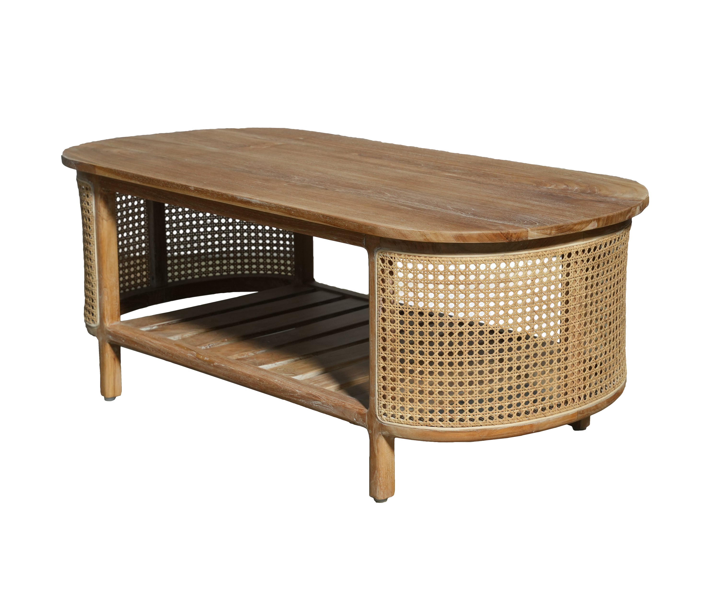 Natural Teak and Cane Oval Coffee Table with Lower Shelf