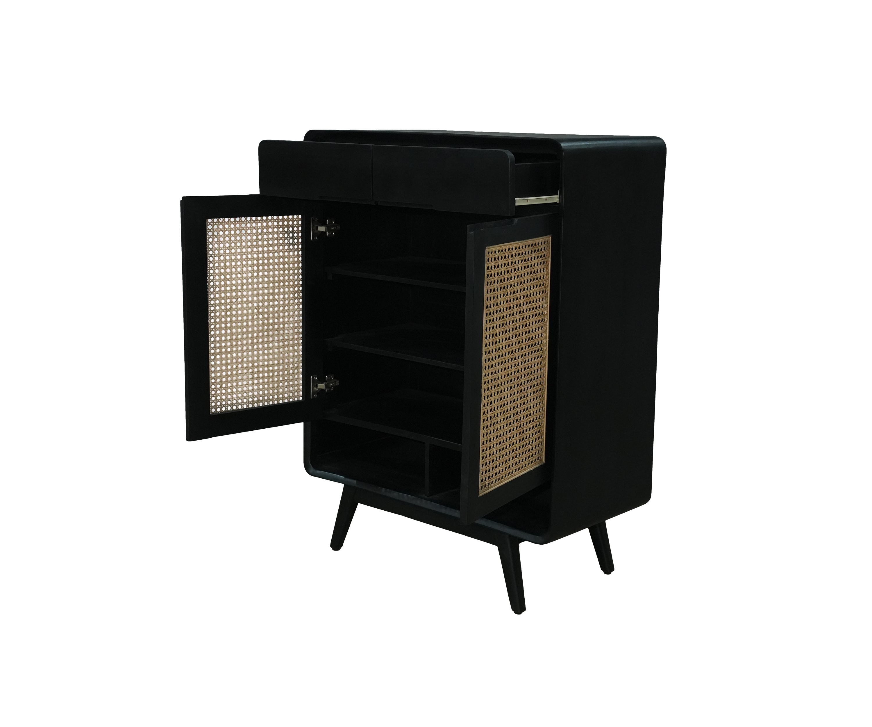 Black Wood and Cane Double Door Cabinet