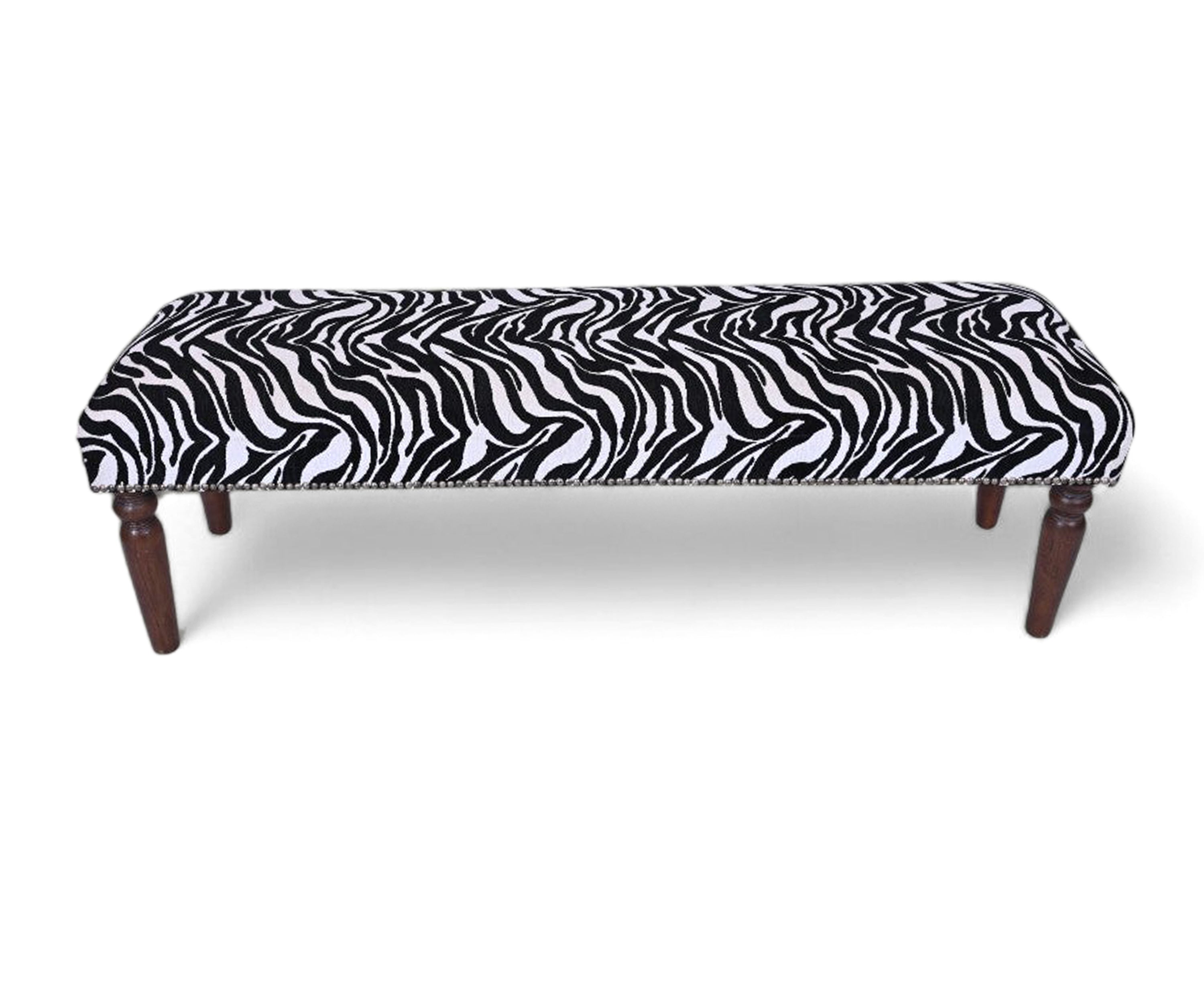 Zebra Print Velvet Bench with Walnut Wooden Legs