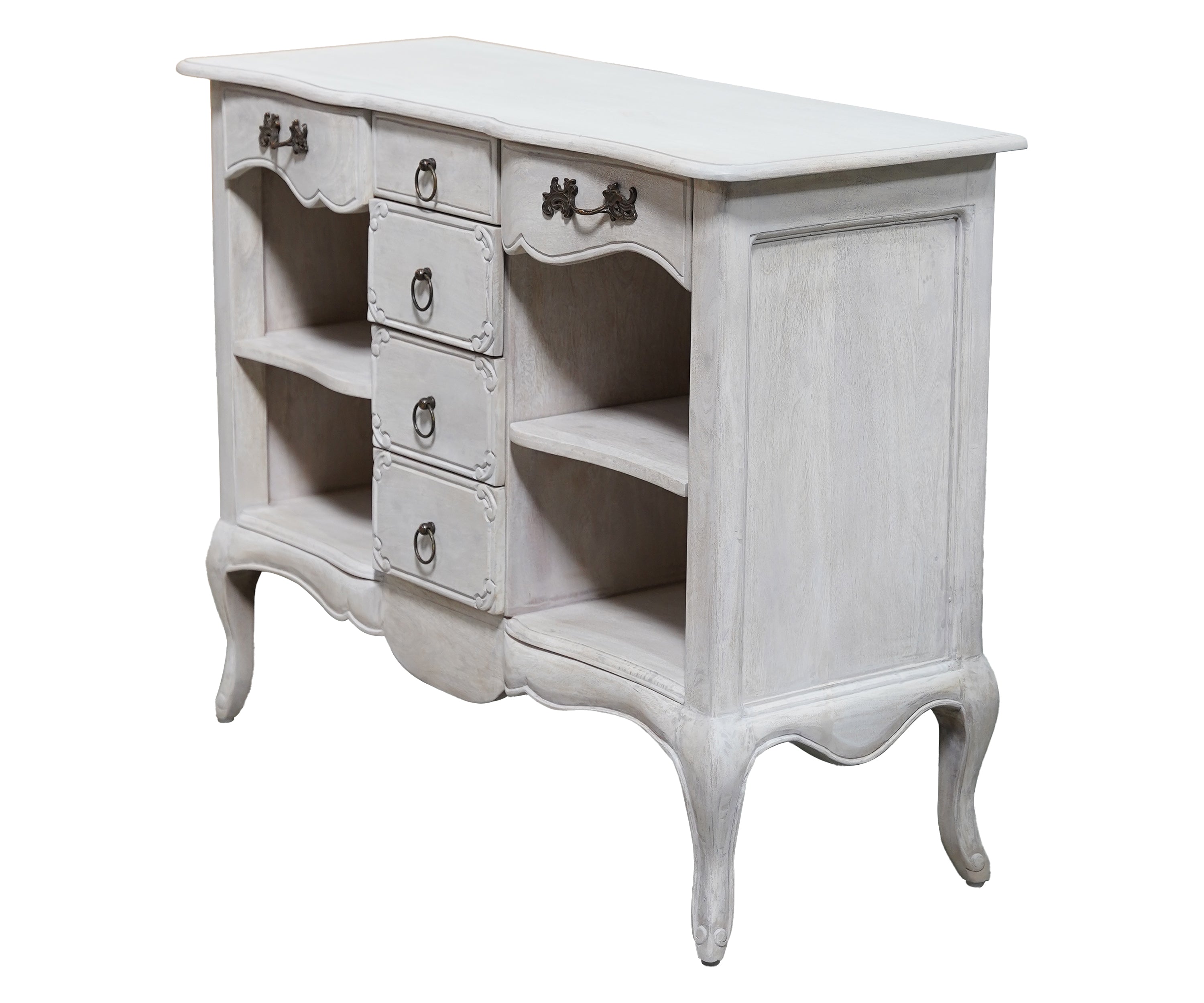 French Style Distressed White Chest of Drawers with Open Shelves
