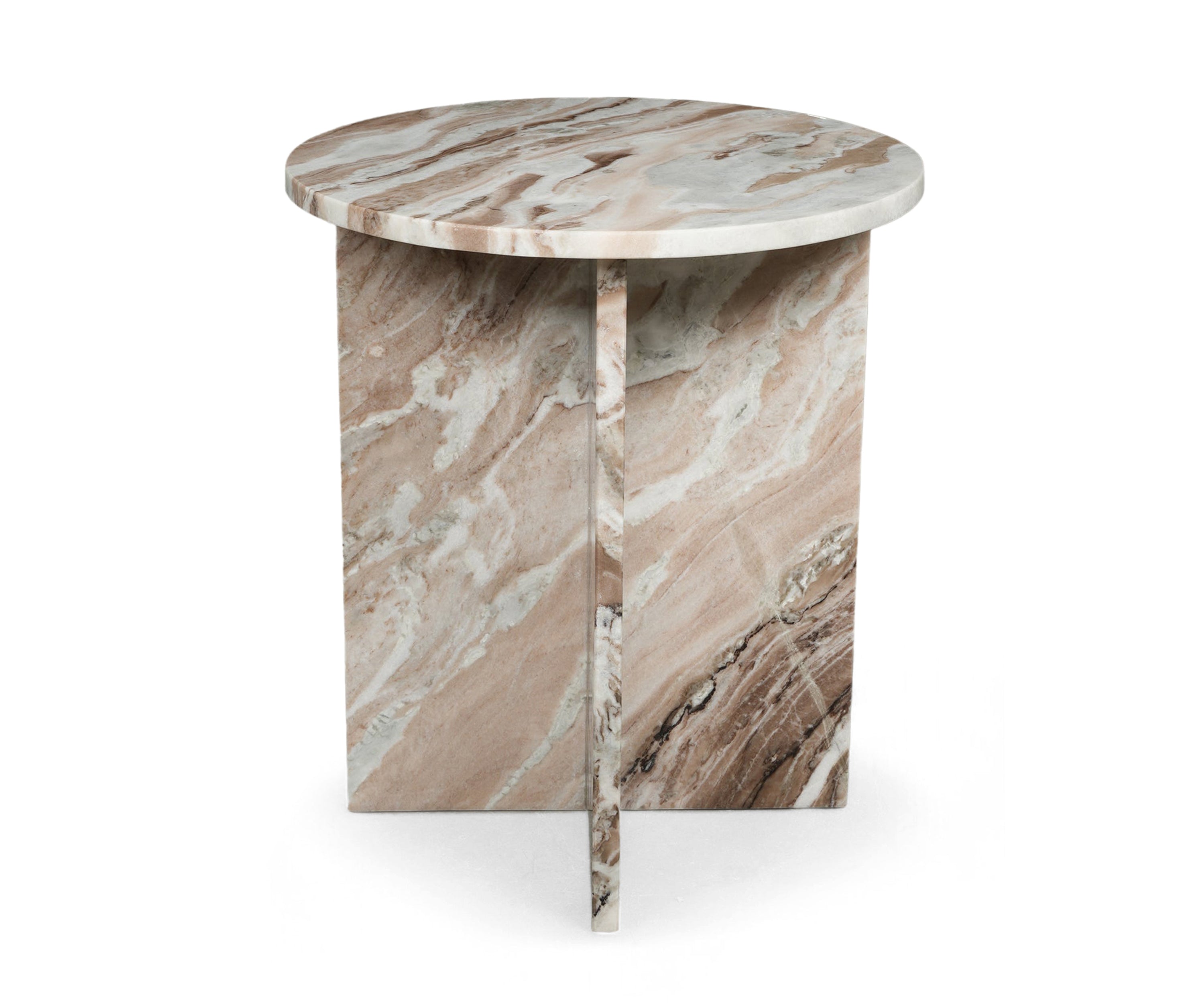 Beige Swirl Marble Side Table with Cross Pedestal Base