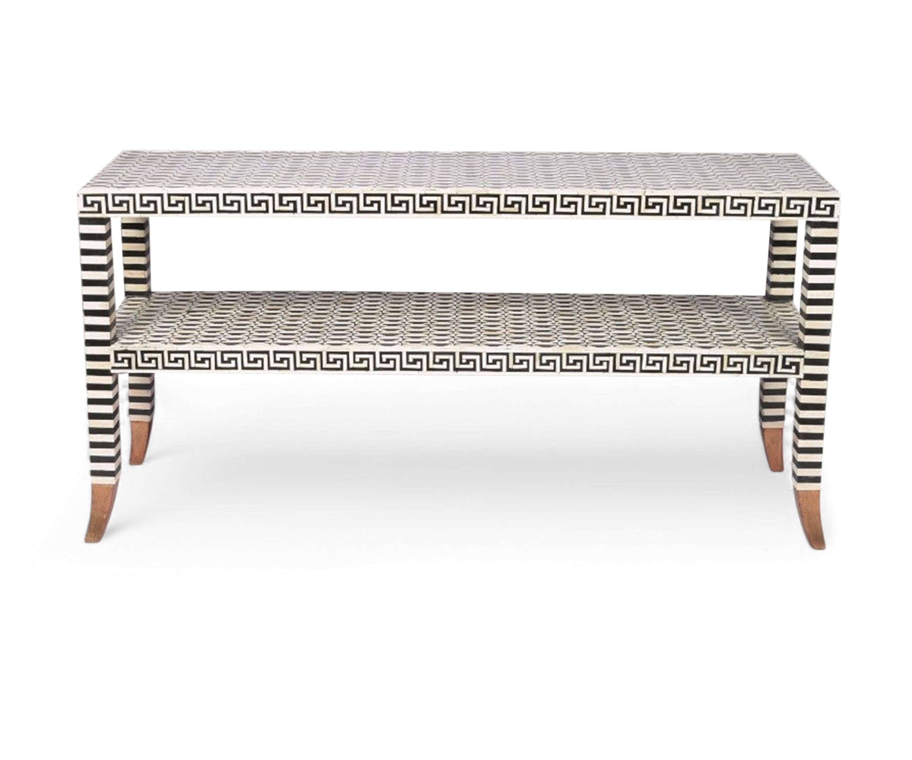 Black and White Bone Inlay Console Table with Greek Key Border