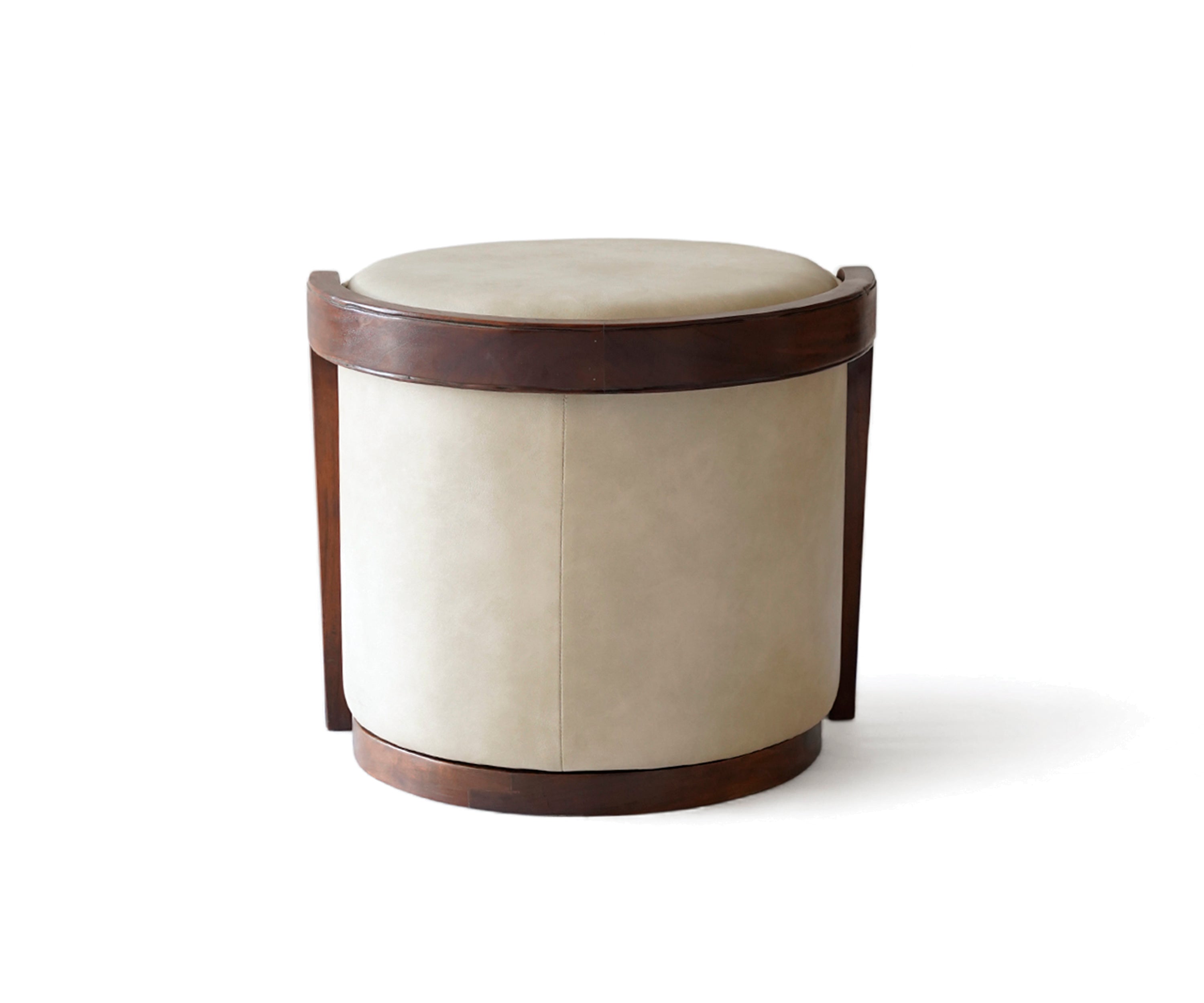 Round Beige Upholstered Stool with Dark Wood Frame