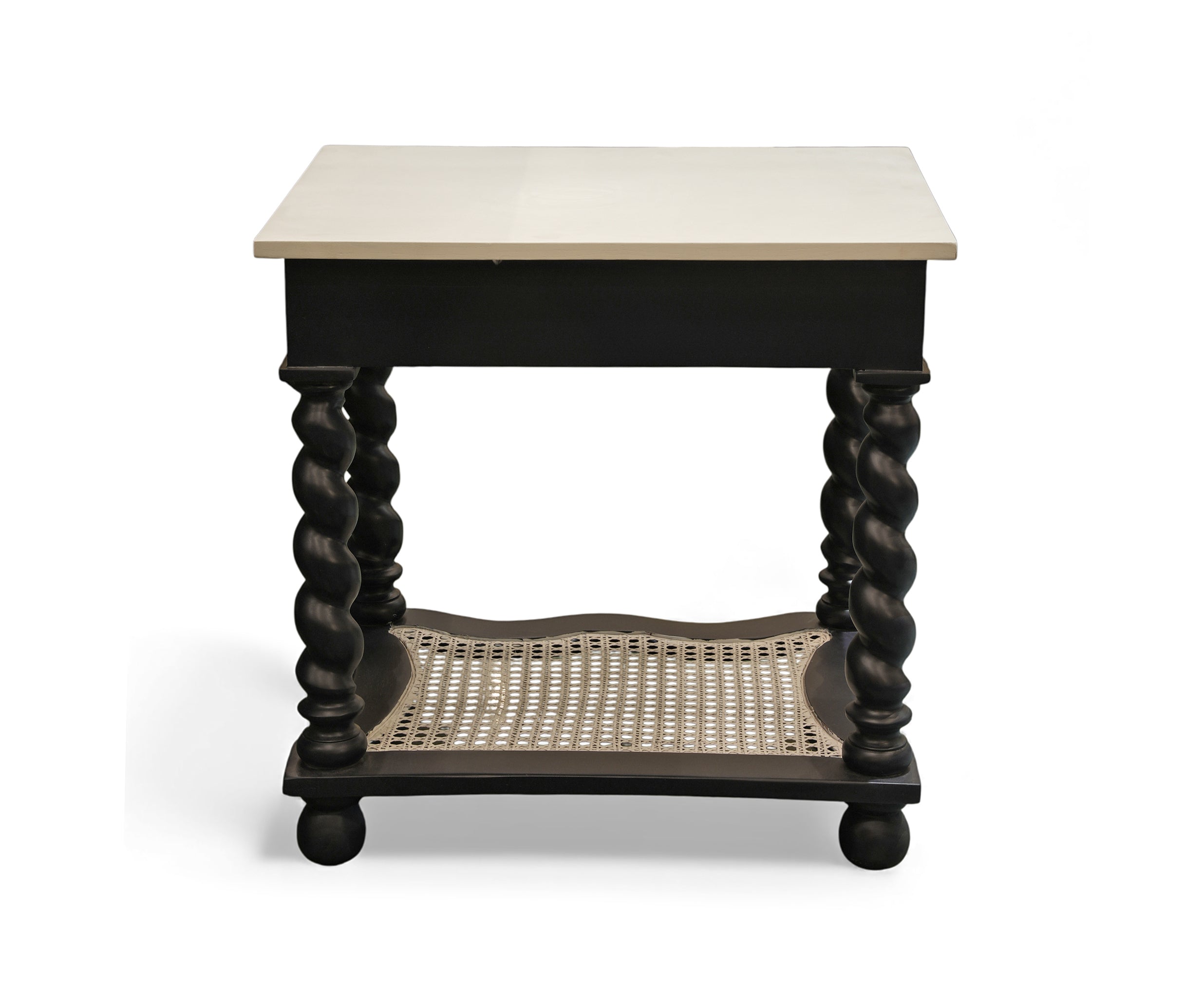 Black Barley Twist Cane Shelf Bed Side Table with Ivory Top