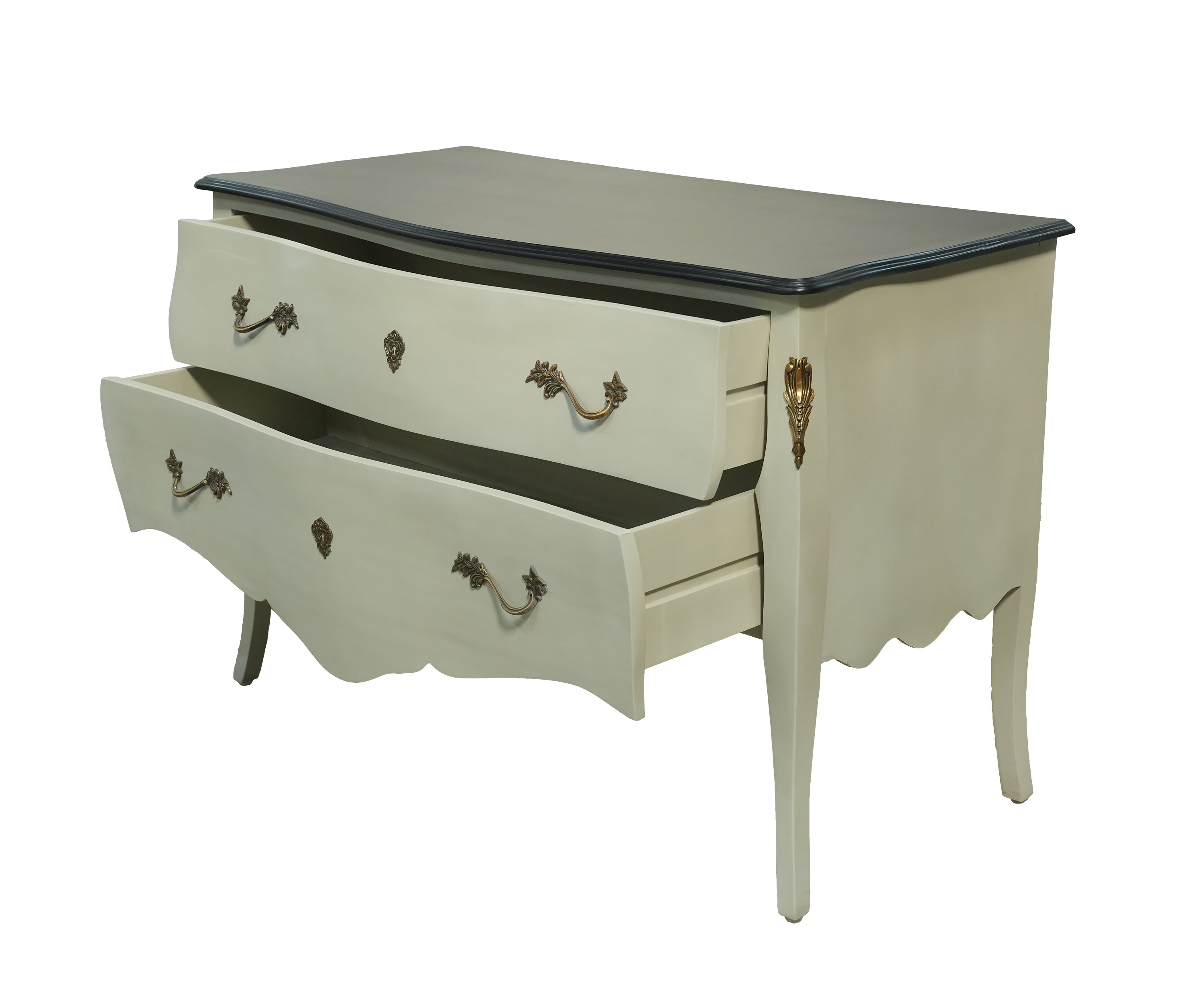French Style Cream Bombe Chest of Drawers with Black Top