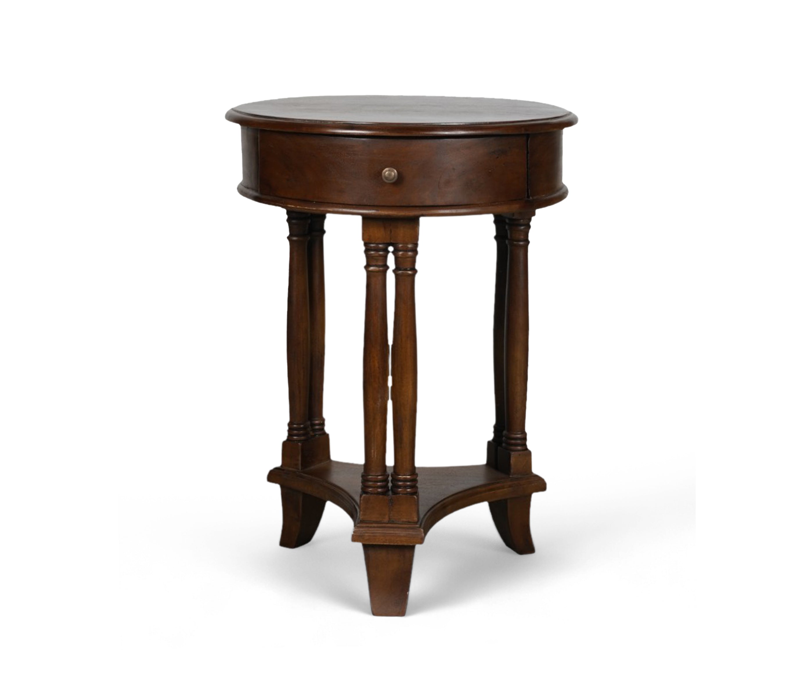 Walnut Round Pedestal Bed Side Table with Drawer