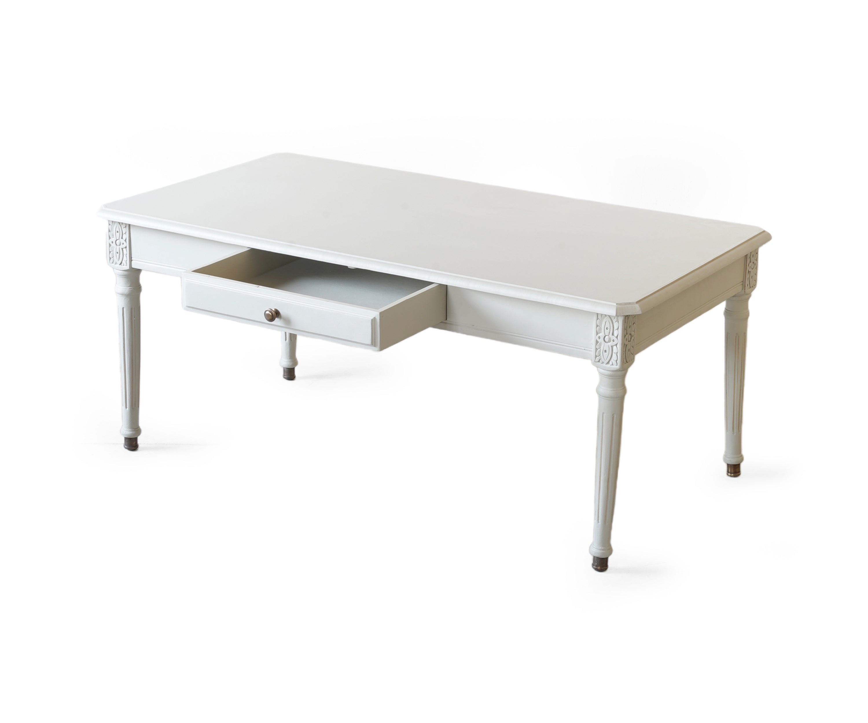 White Gustavian Coffee Table with Drawer and Carved Legs