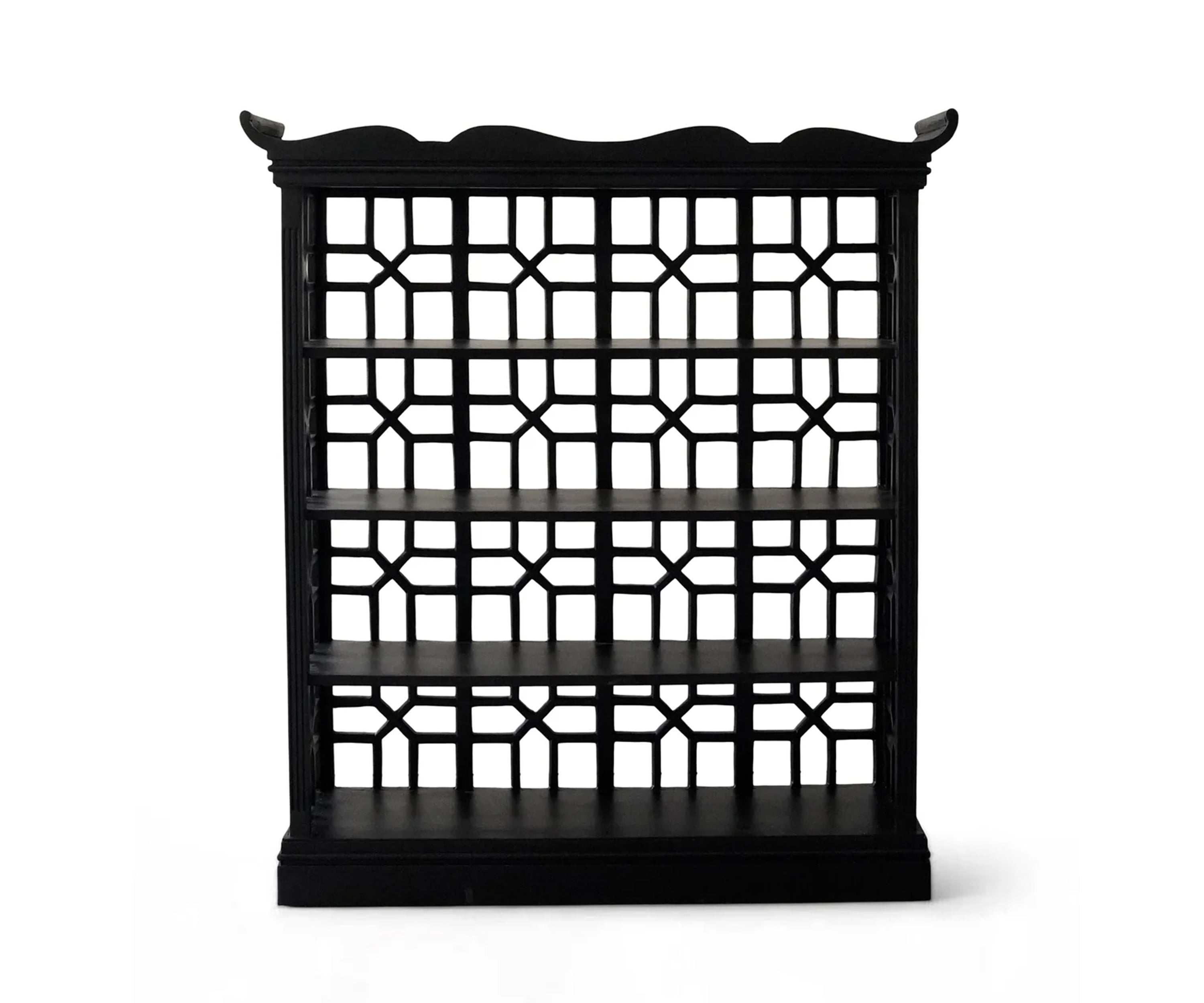 Black Wooden Display Bookshelf with Geometric Lattice Sides