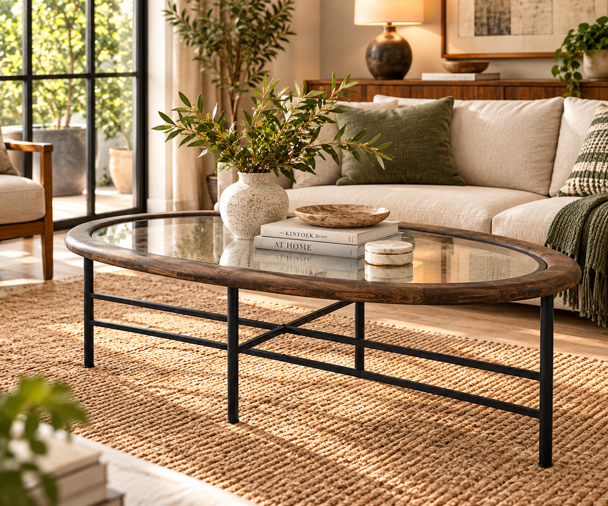 Oval Glass Grande Coffee Table with Matte Black Metal Frame