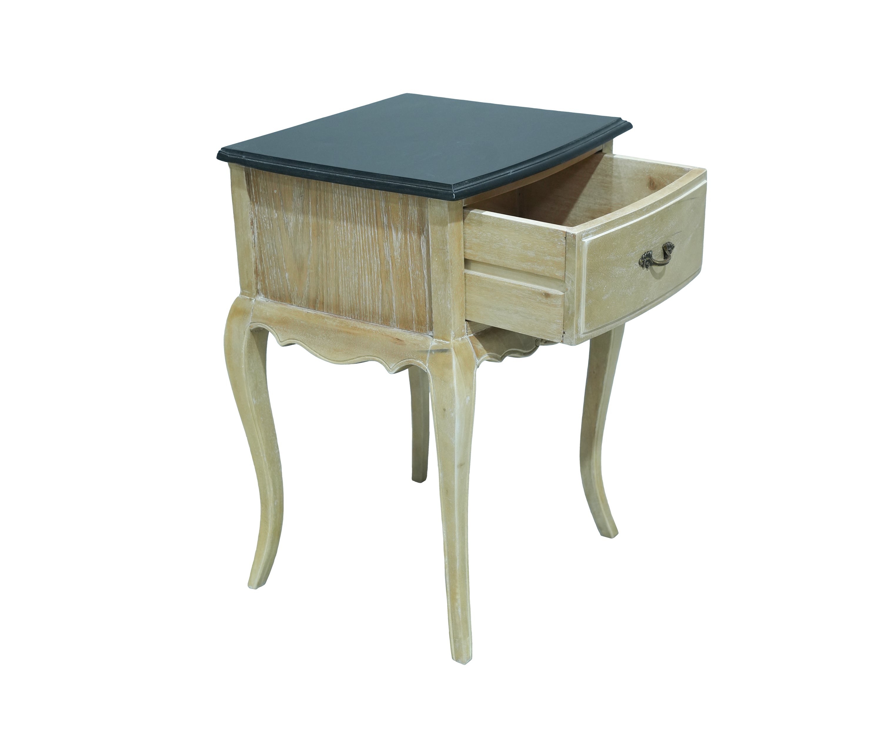 French Style Natural Wood Bedside Table with Black Top