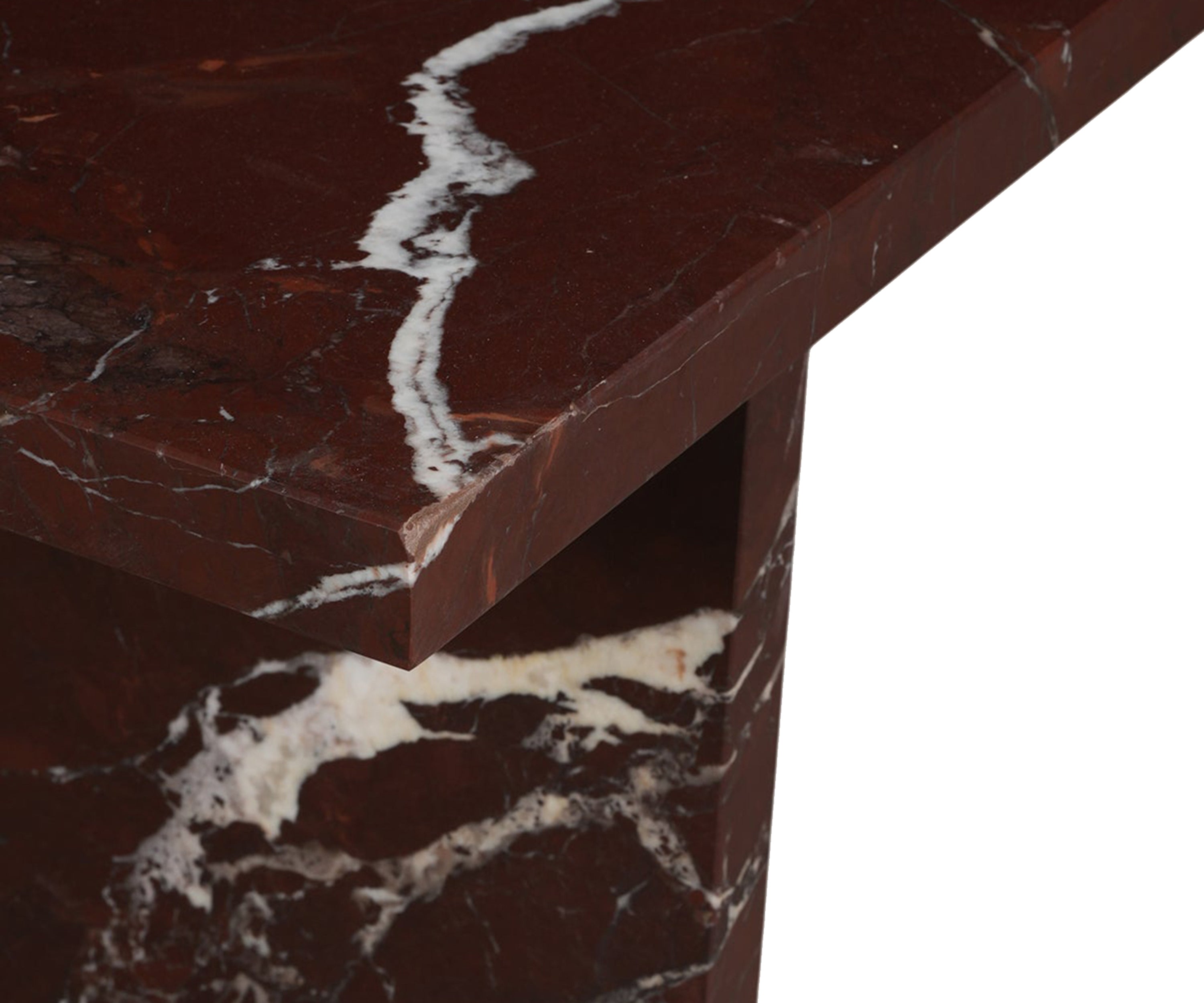 Red Marble Side Table with Architectural Layered Pedestal Base