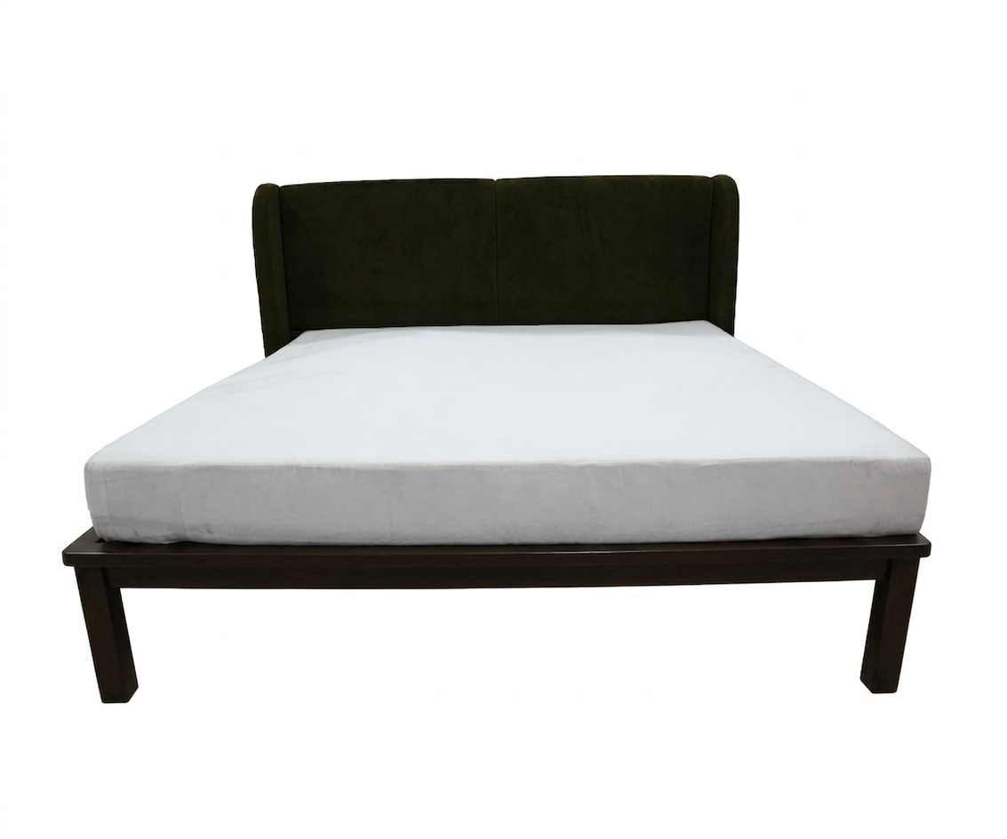 Modern Green Velvet Wingback Bed with Distressed Wooden Frame