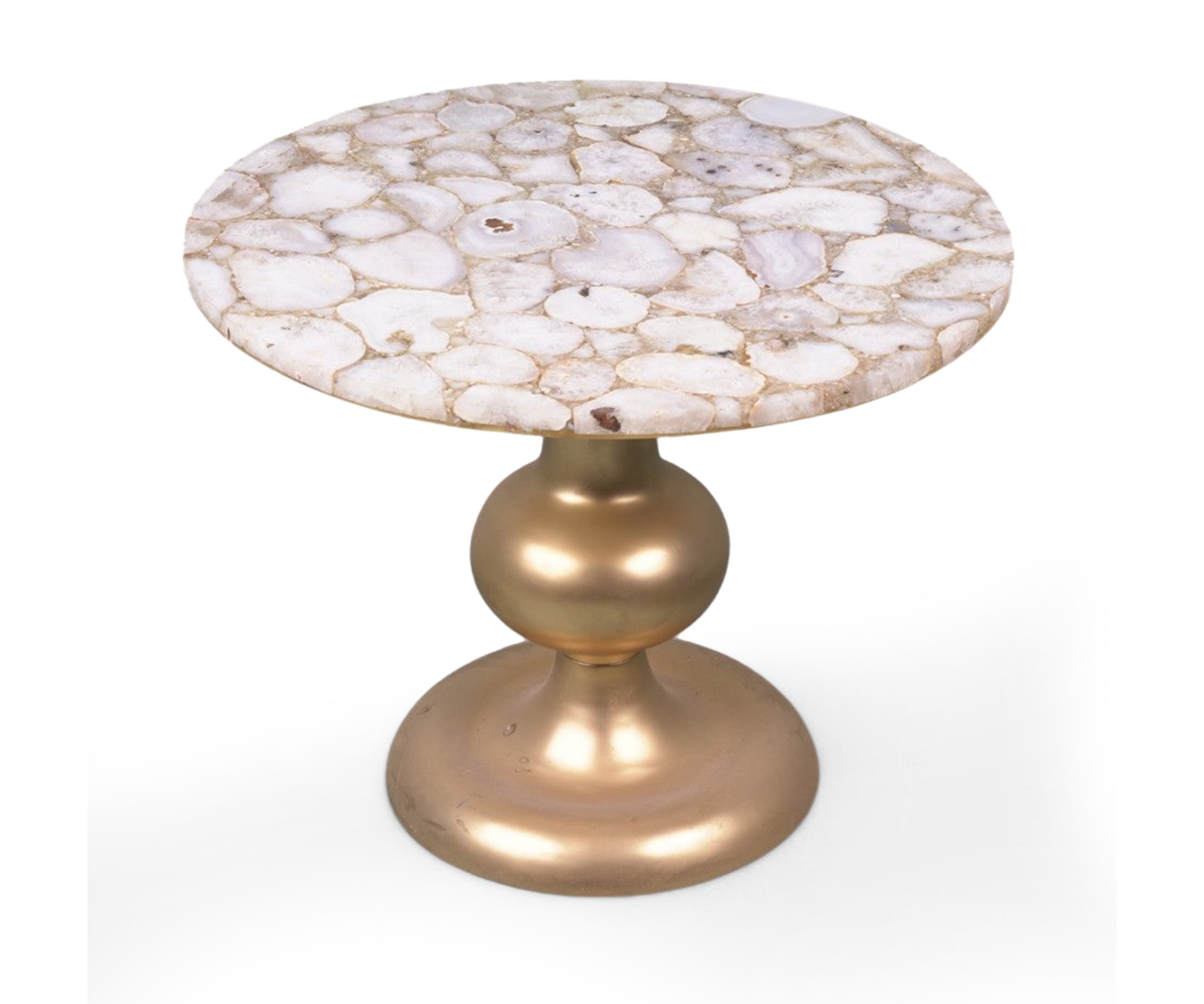 Round Agate Inlay Side Table with Gold Pedestal Base
