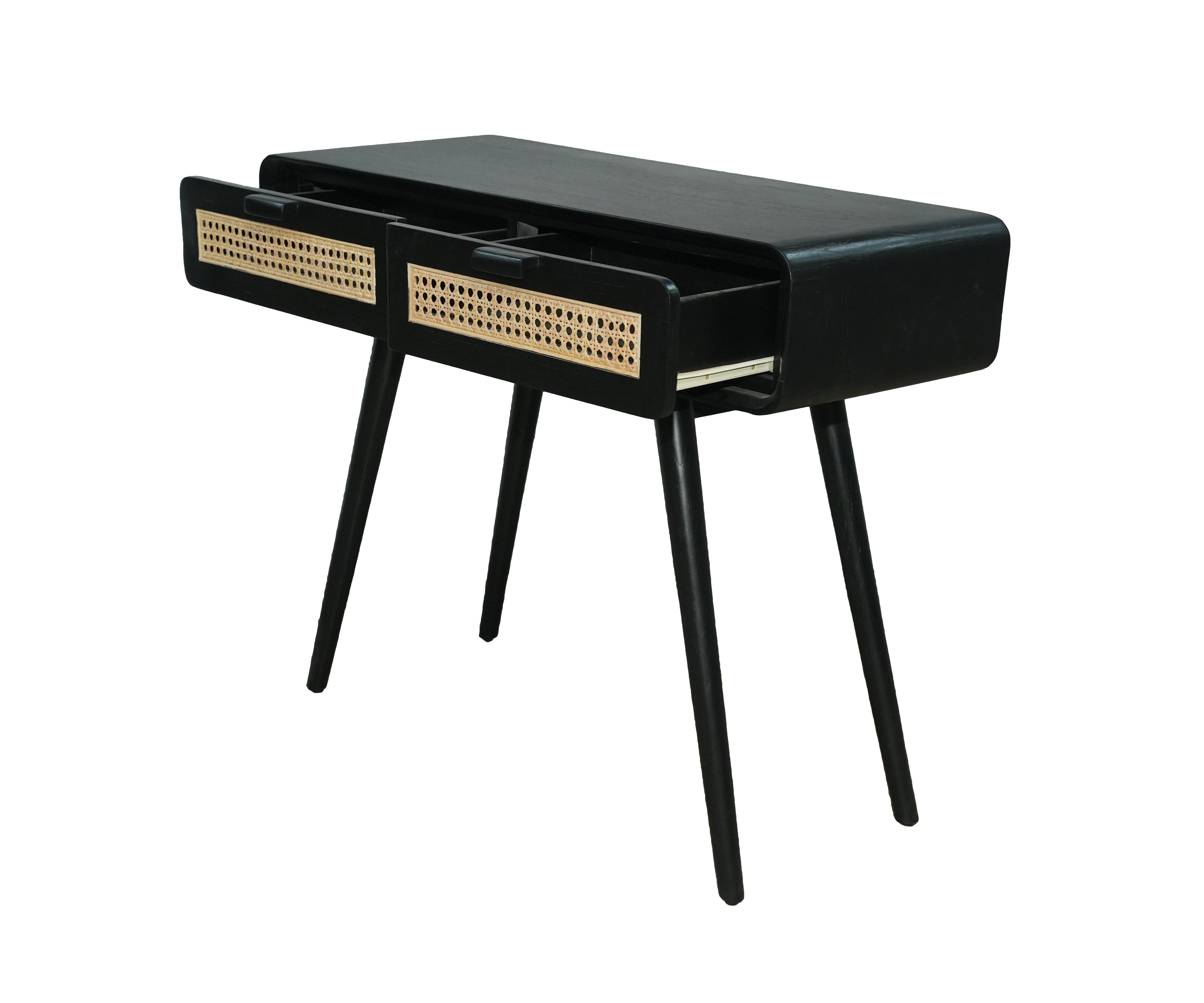 Black Wood Console Table with Cane Drawer Fronts