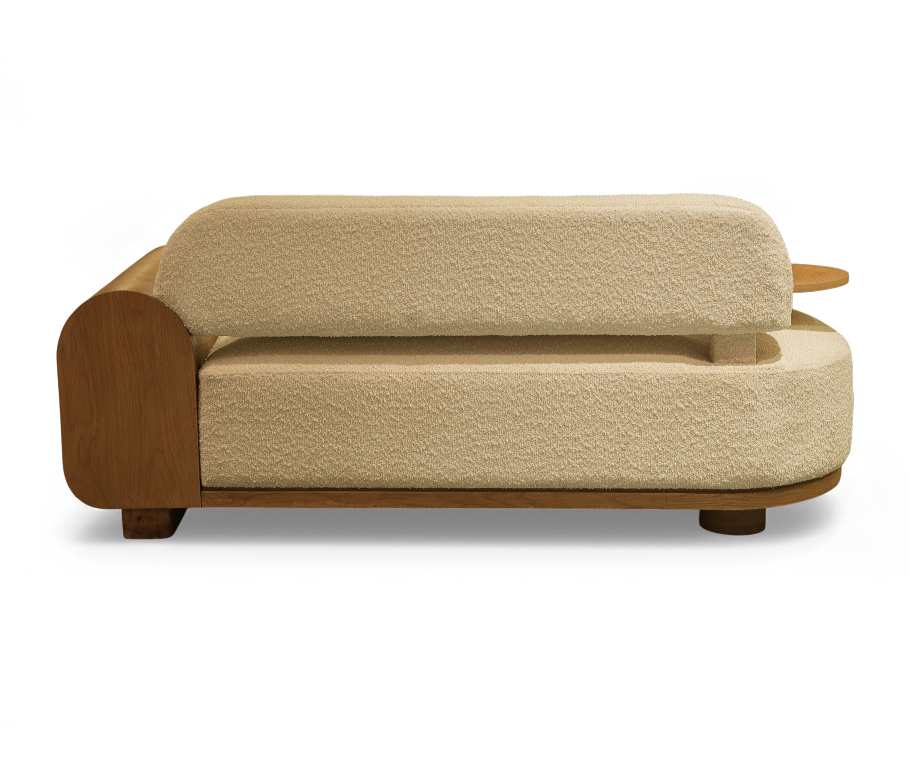 Oak Panel Bouclé Sofa with Side Table
