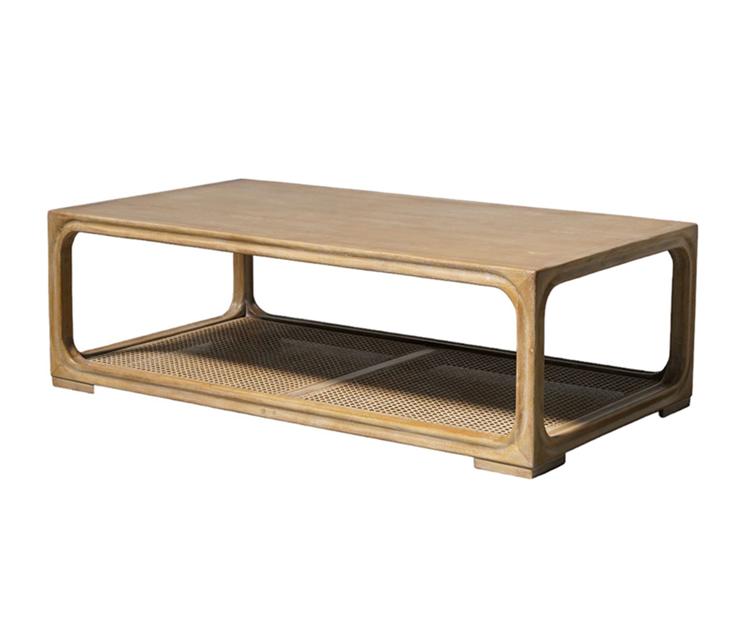 Mid-Century Modern Coffee Table with Rattan Cane Shelf