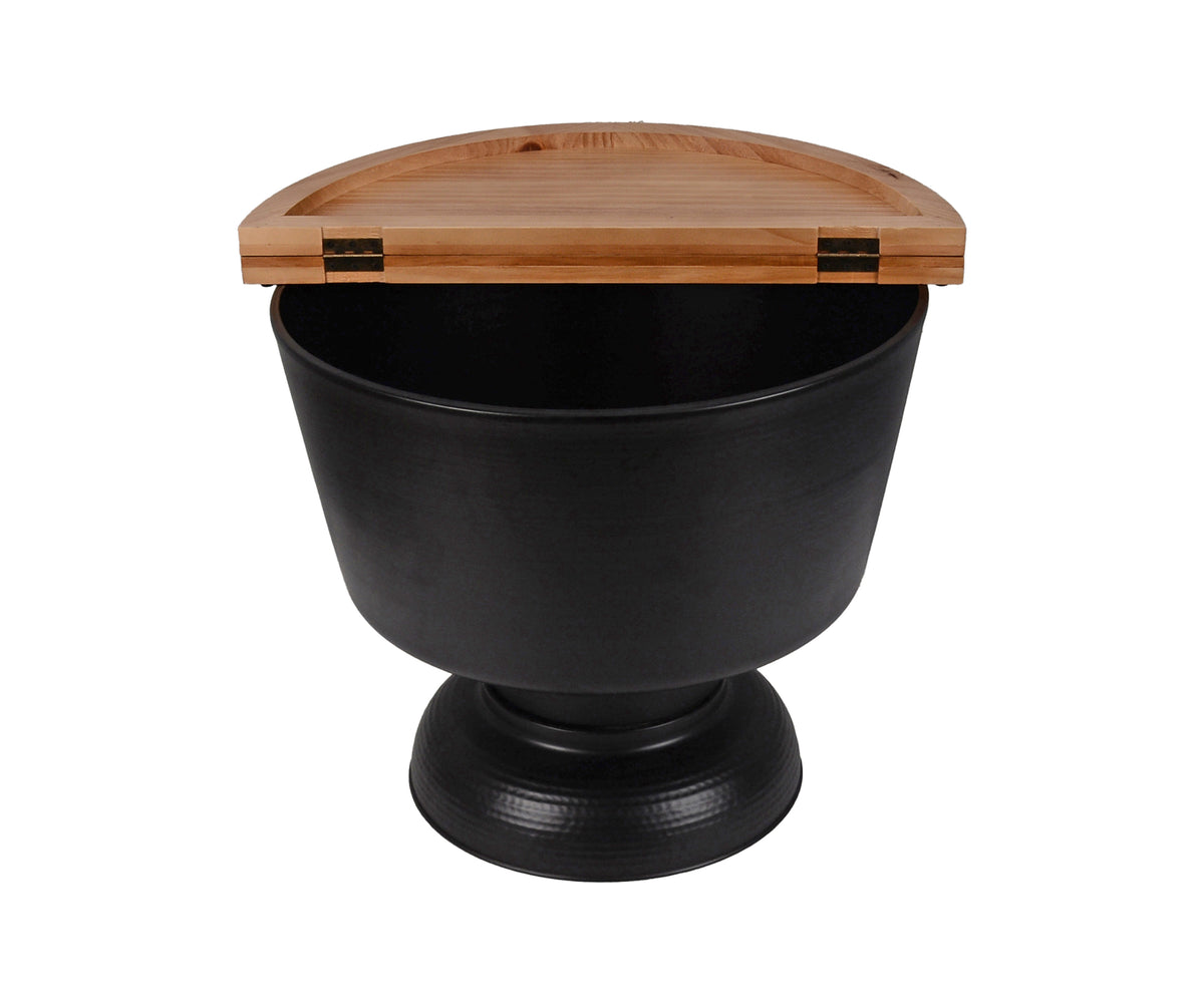 Matte Black Round Drum Side Table with Brown Flip-Top