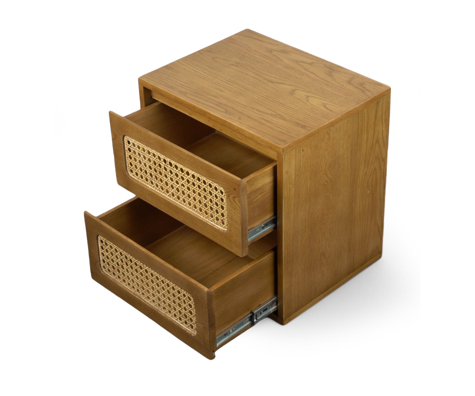 Walnut Woven Cane Bed Side Table with 2 Drawers