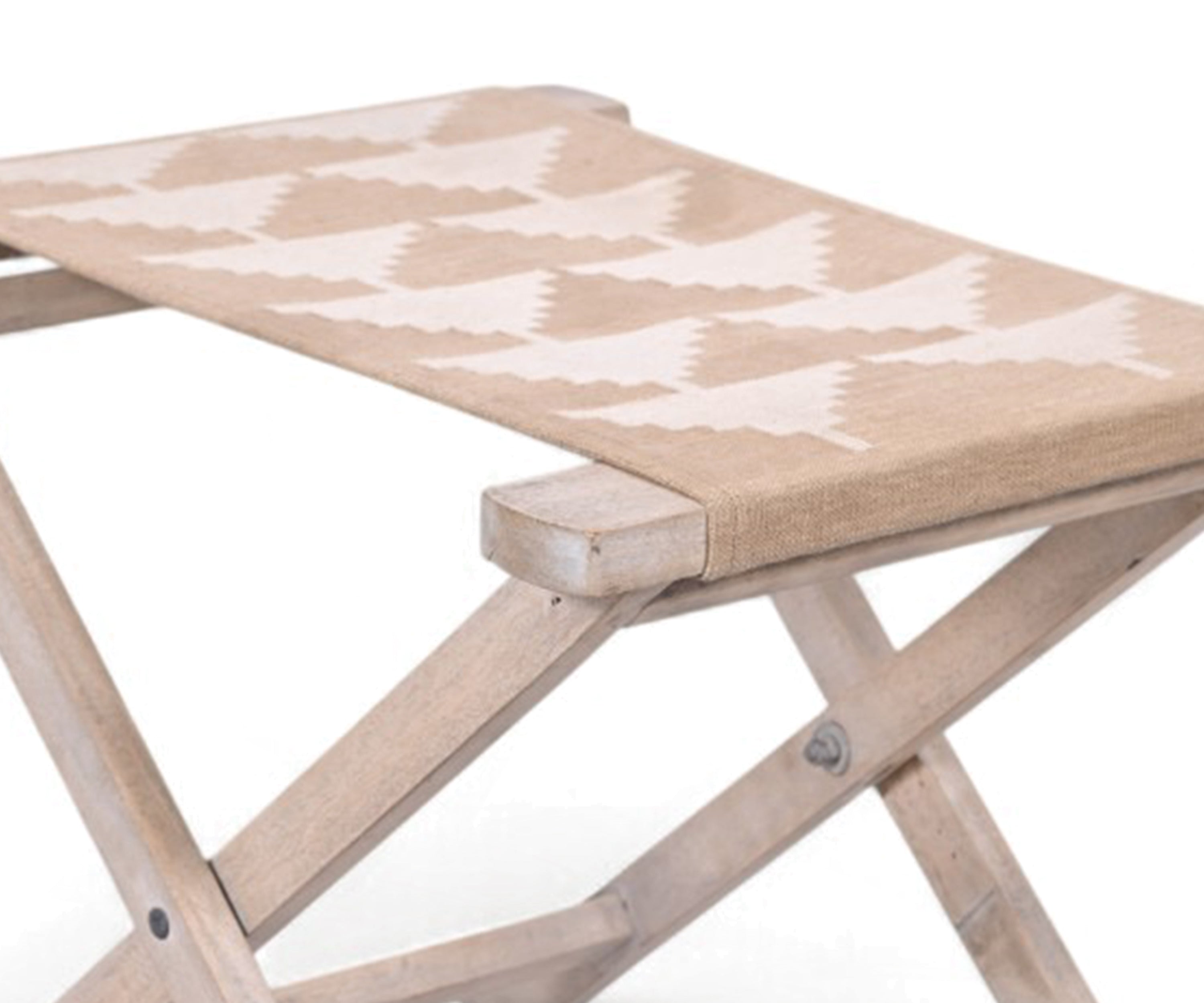 Brown and White Patterned Fabric Stool with Natural Wood Frame