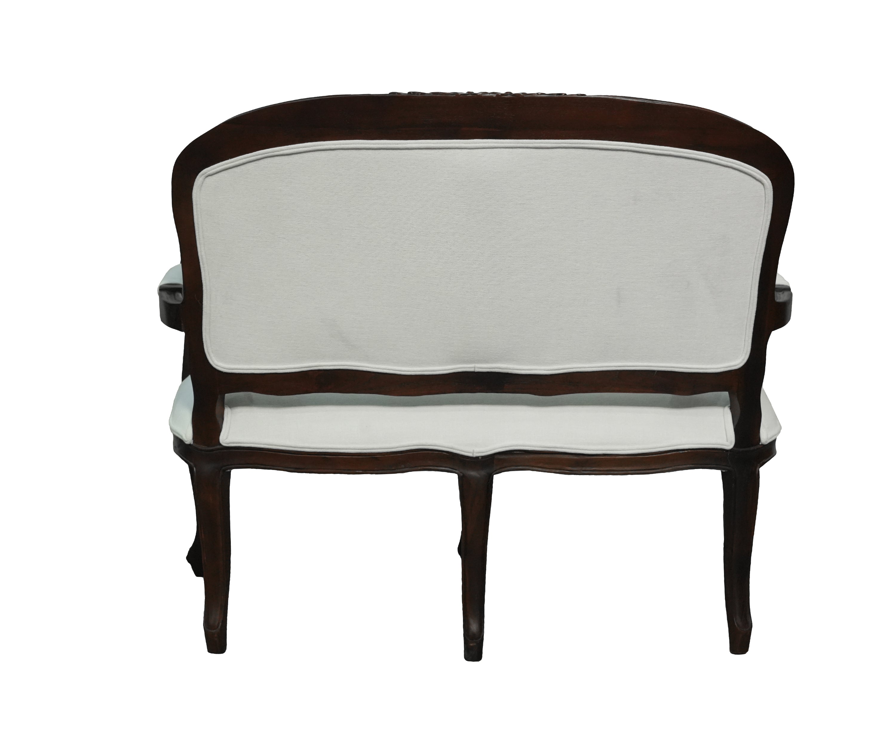 French Style Upholstered Wooden Sofa with Carved Dark Wood Frame