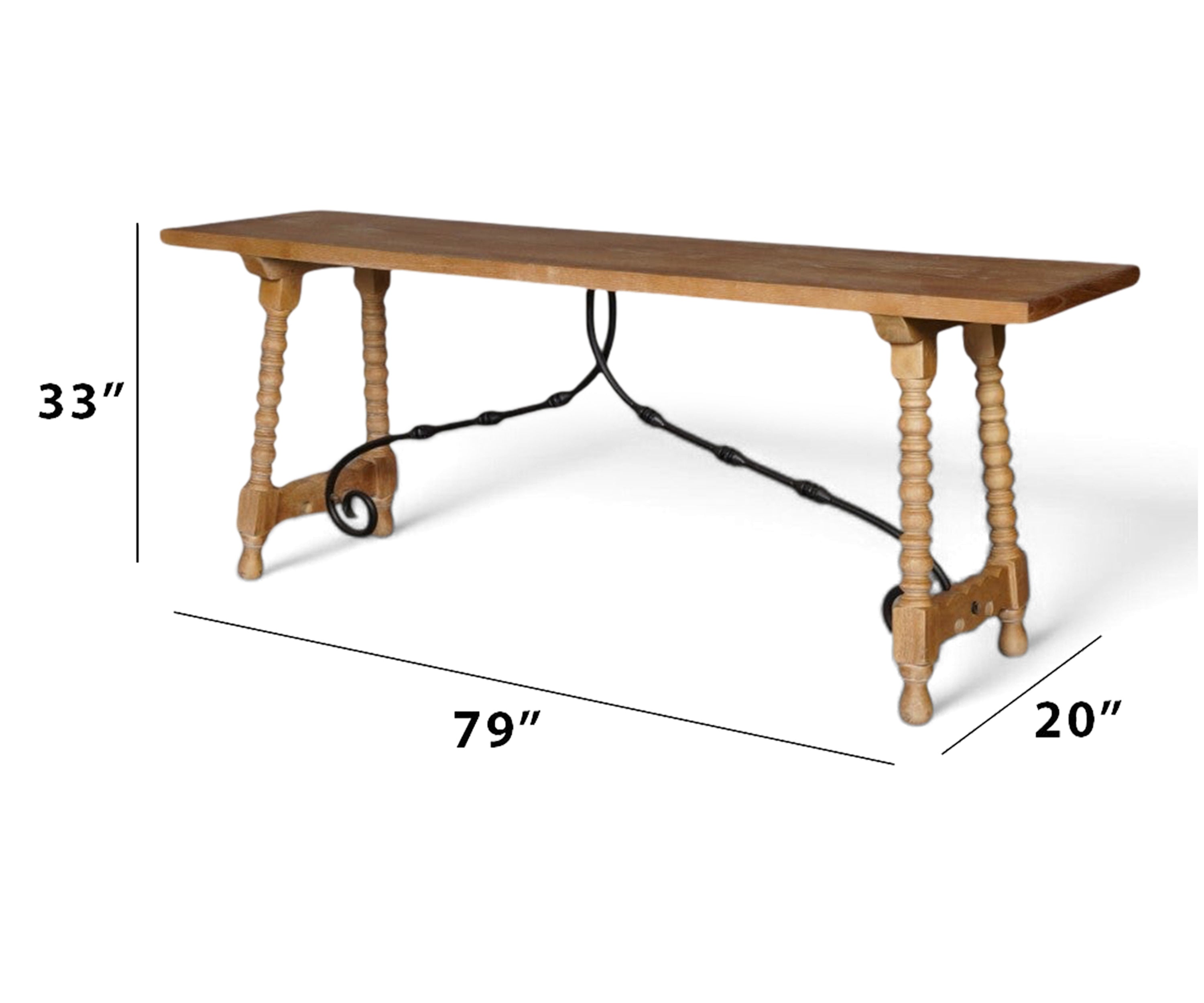 Oak Finish Wooden Console Table with Turned Legs and Iron Stretcher