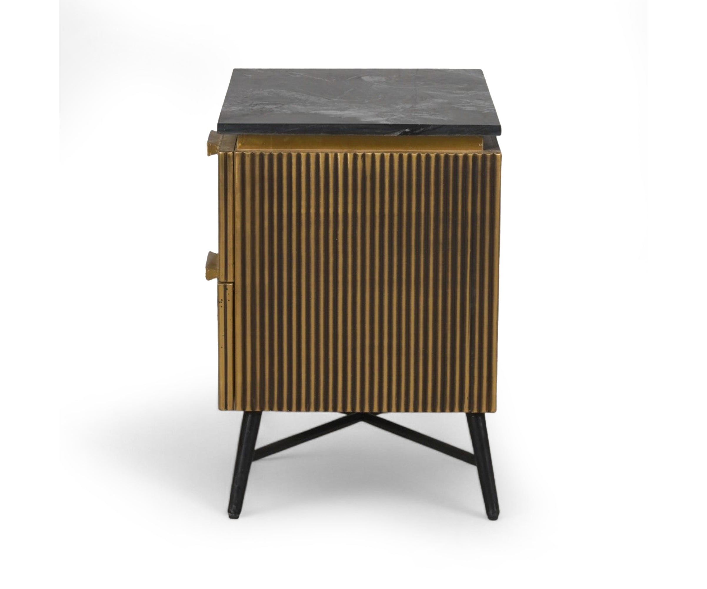 Fluted Brass 2-Drawer Bed Side Table with Black Marble Top