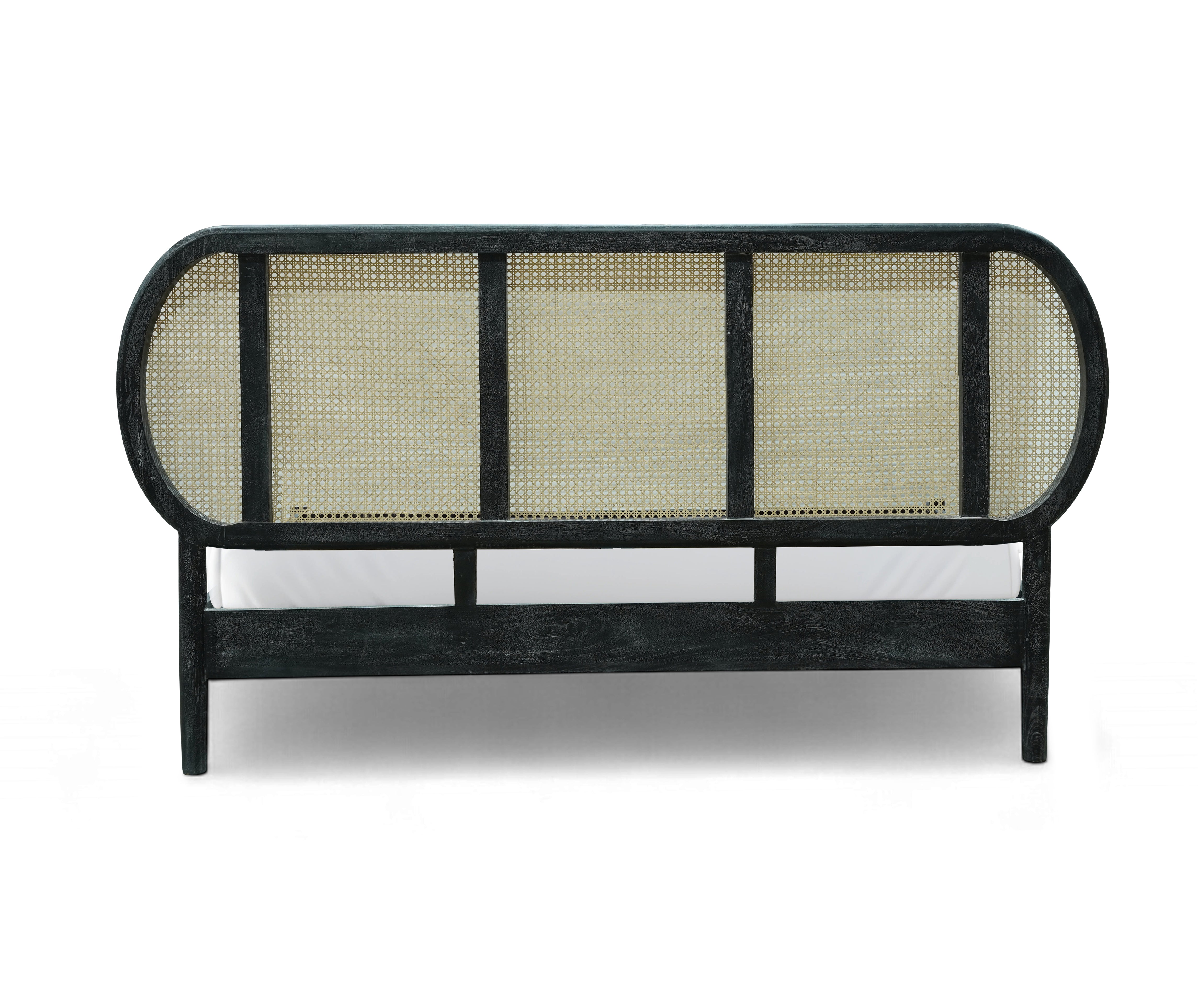 Modern Acacia Wood Cane Bed with Curved Headboard - Black