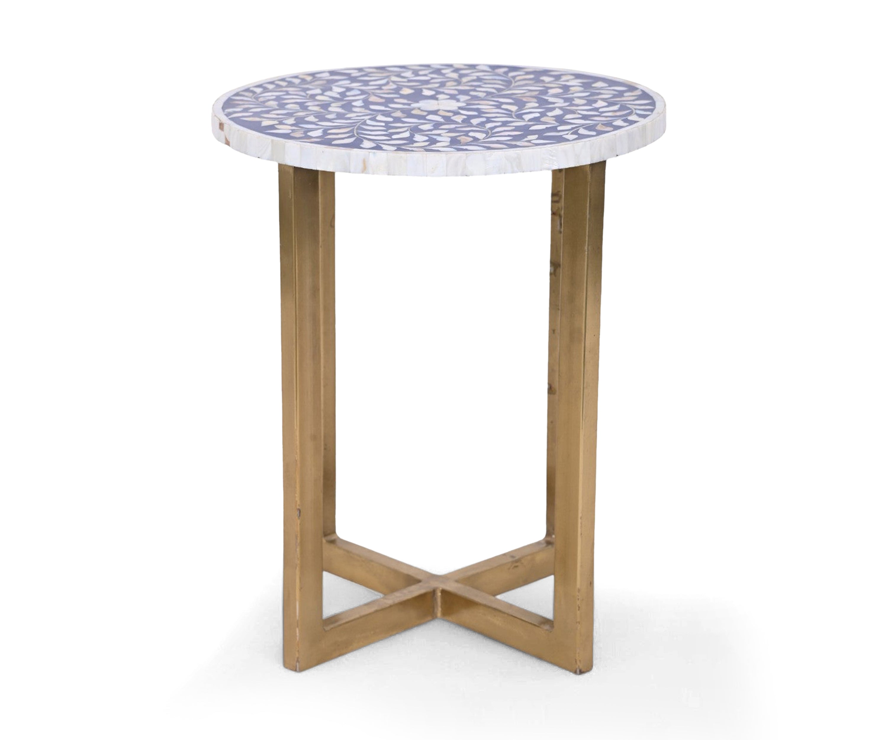 Round Mother of Pearl Inlay Side Table with Wooden Cross Base