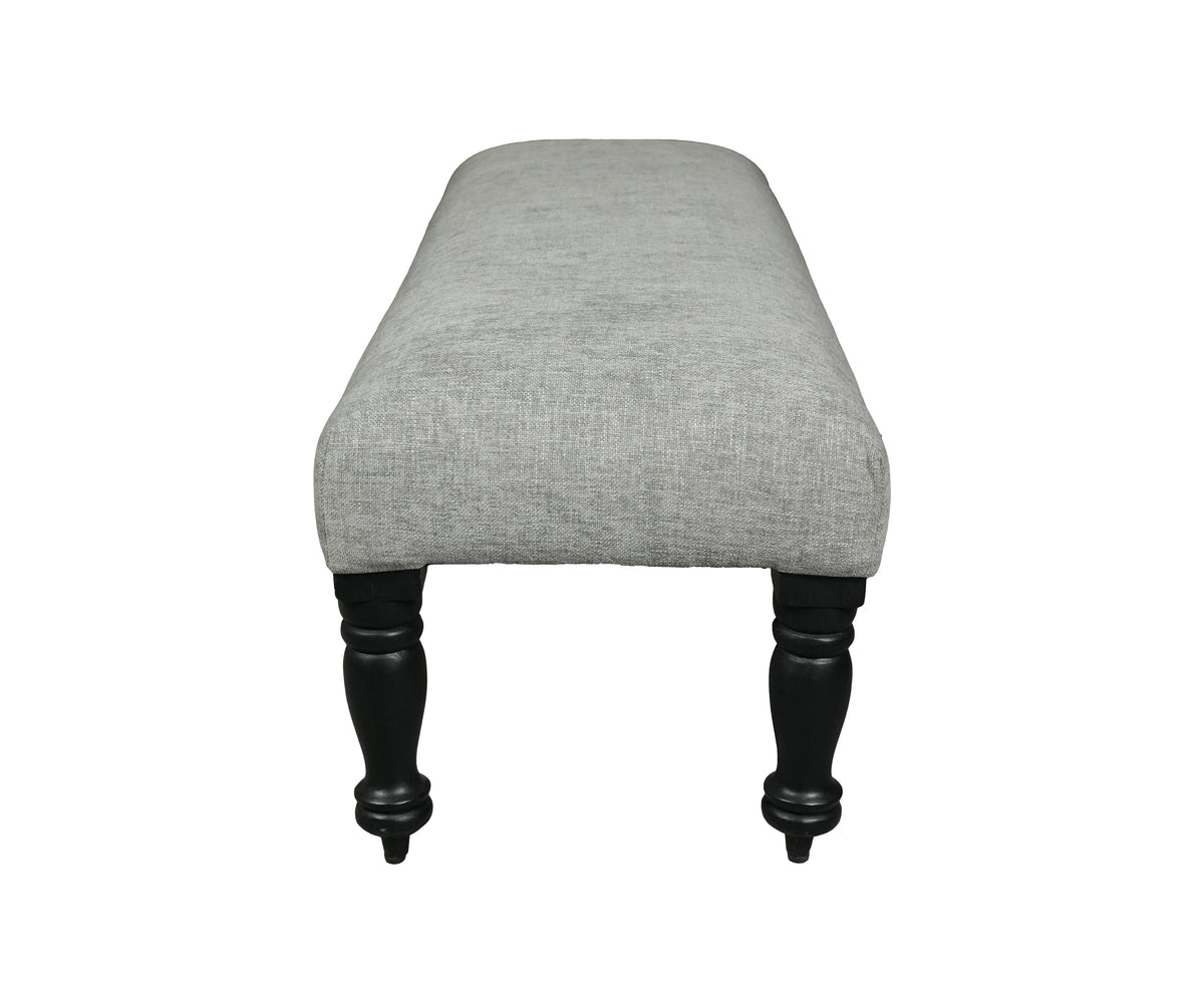 Grey Upholstered Bench with Black Turned Wooden Legs