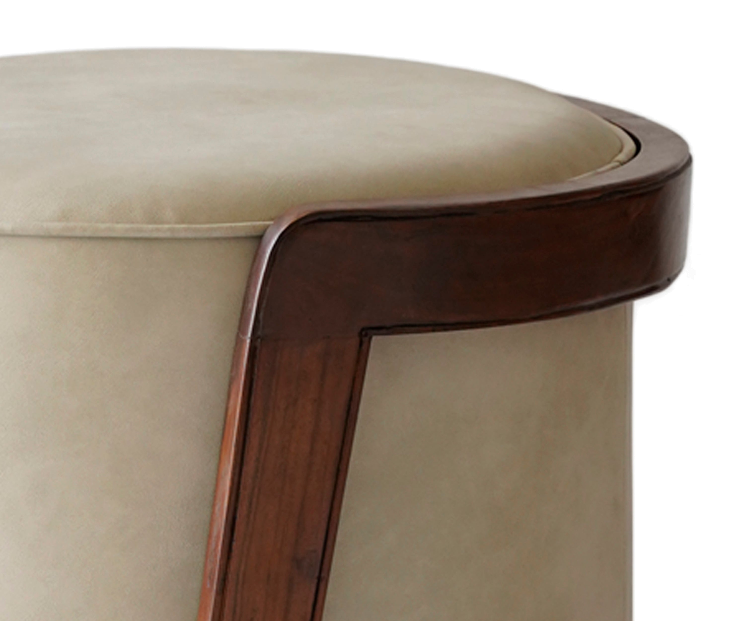 Round Beige Upholstered Stool with Dark Wood Frame