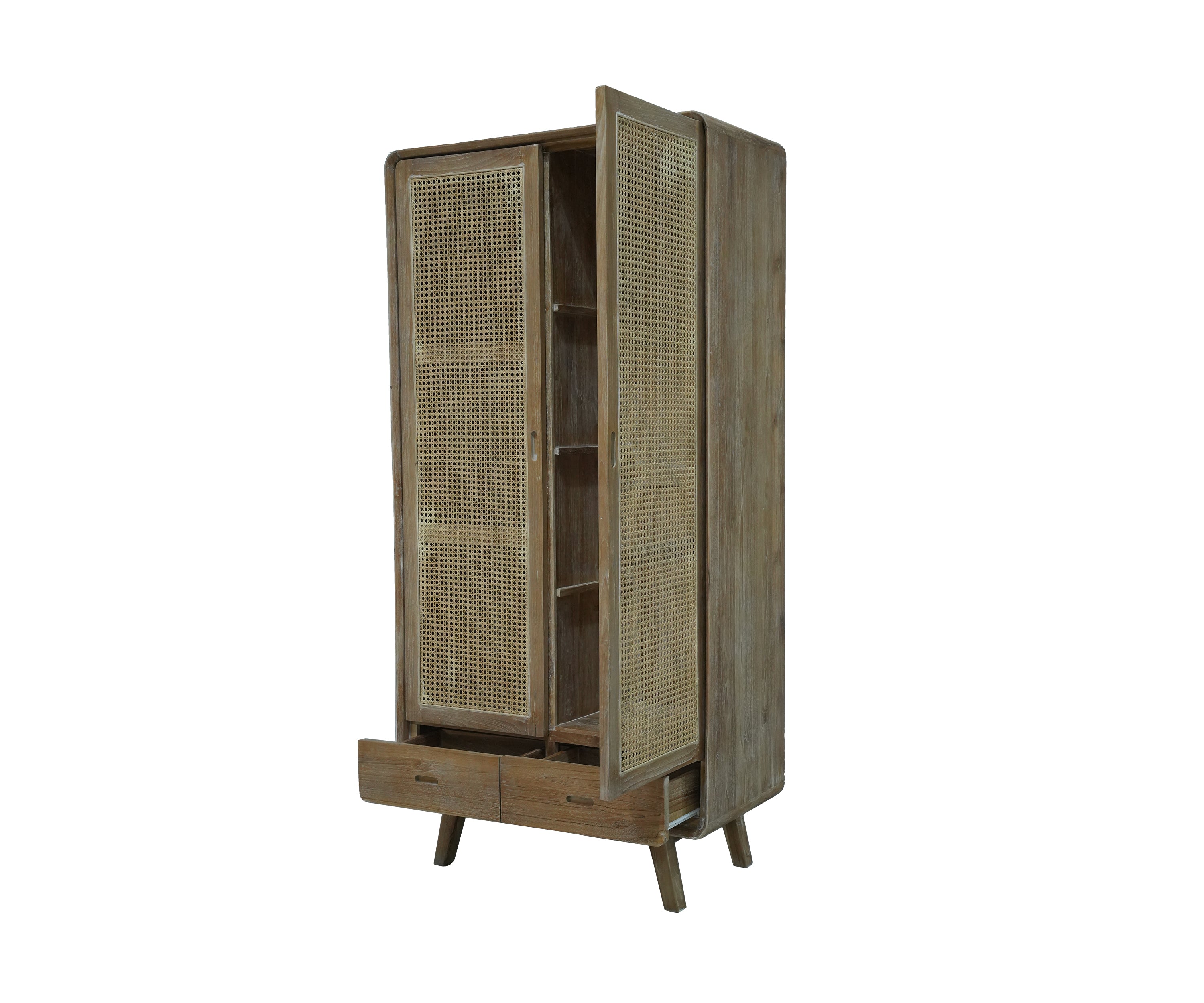 Natural Teak and Cane Double Door Wardrobe with Drawers