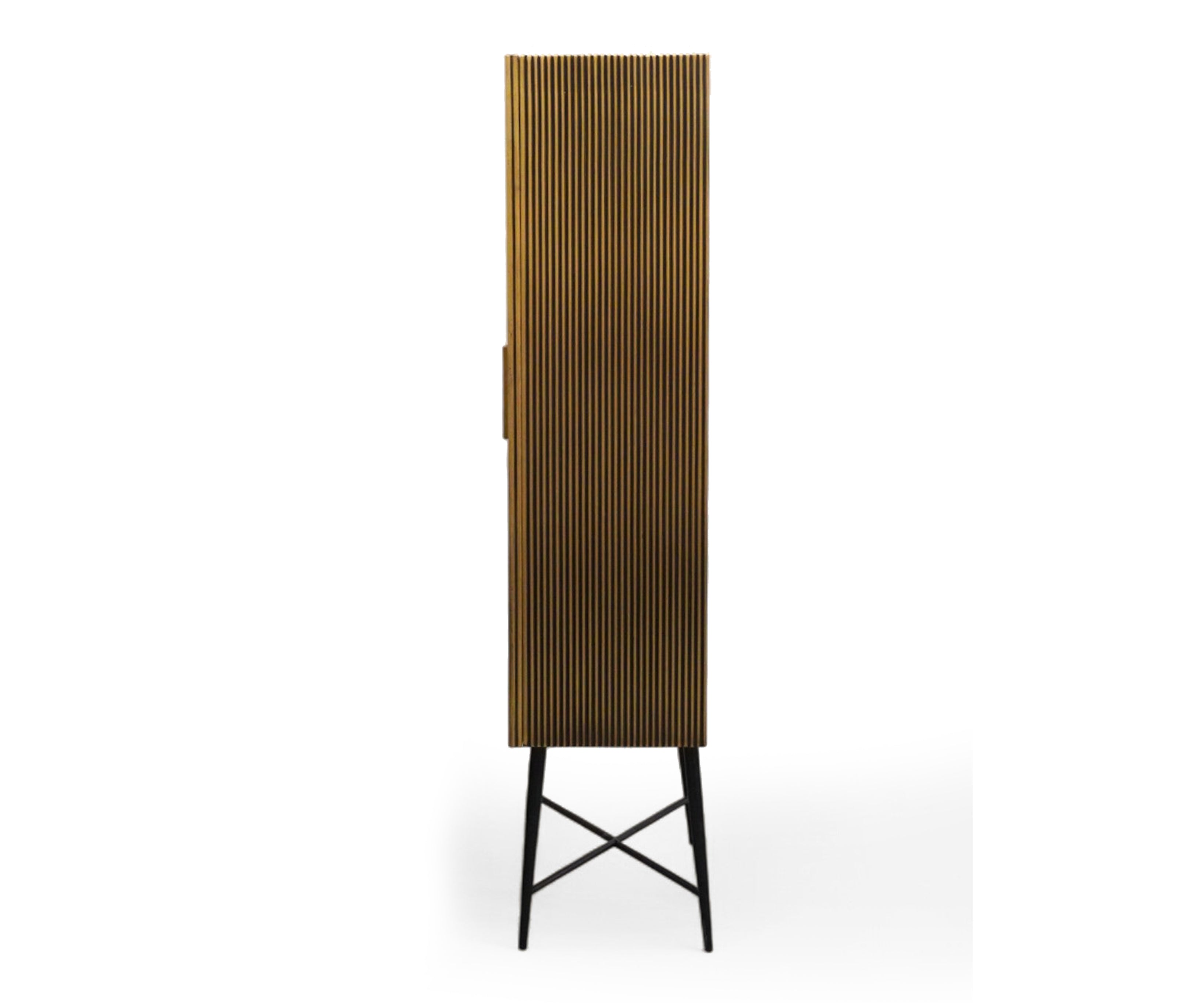 Tall Fluted Brass-Clad Storage Cabinet with Iron Legs
