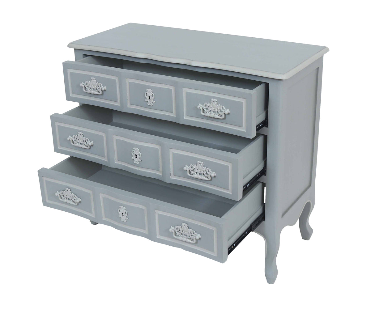 French Style Grey Three-Drawer Chest of Drawer with Ornate Hardware