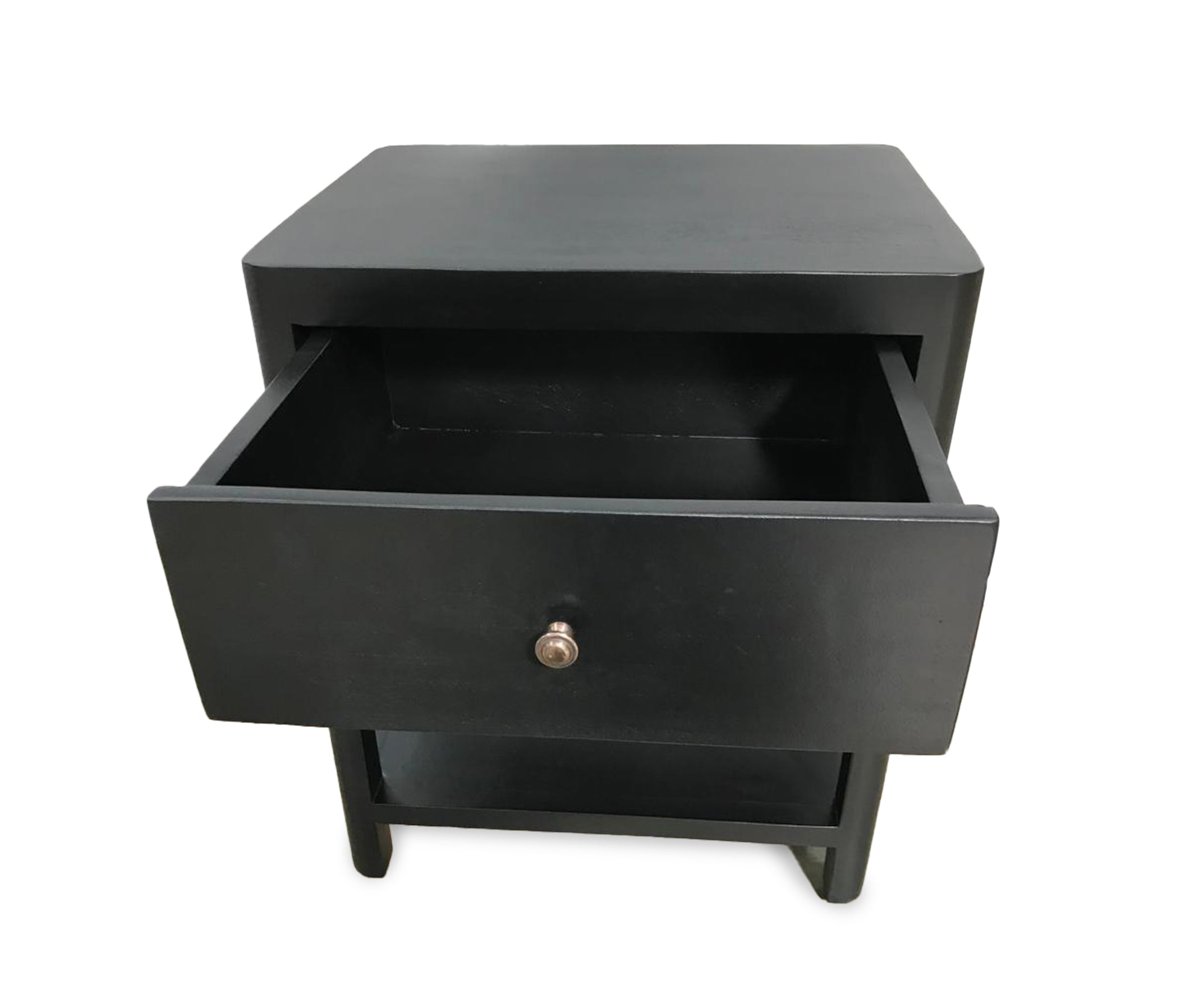 Black Open Shelf Bed Side Table with Drawer