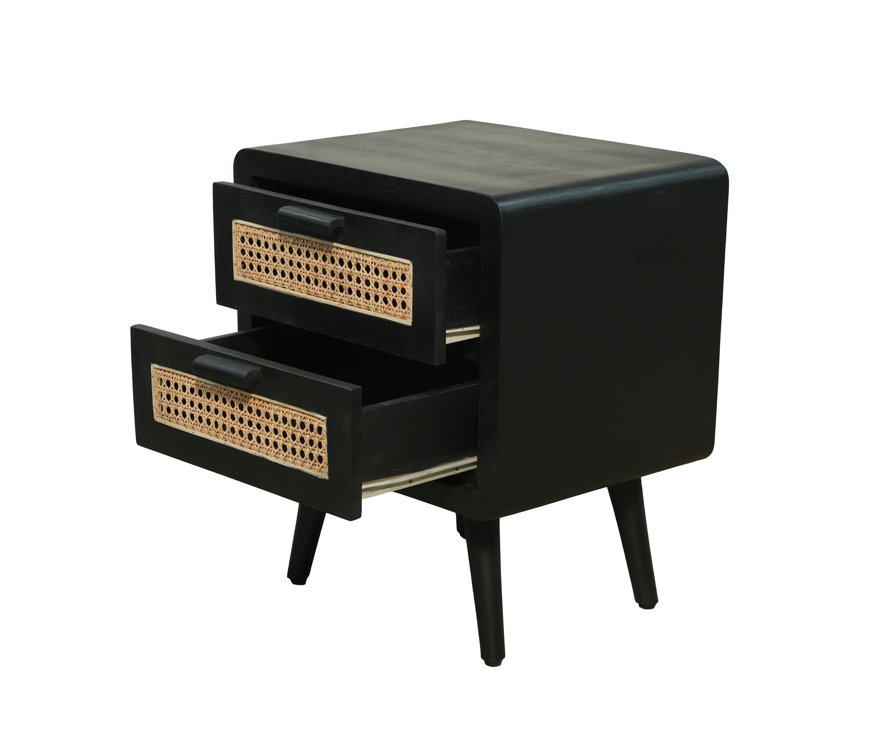 Black 2-Drawer Bedside Table with Rattan Drawer Fronts
