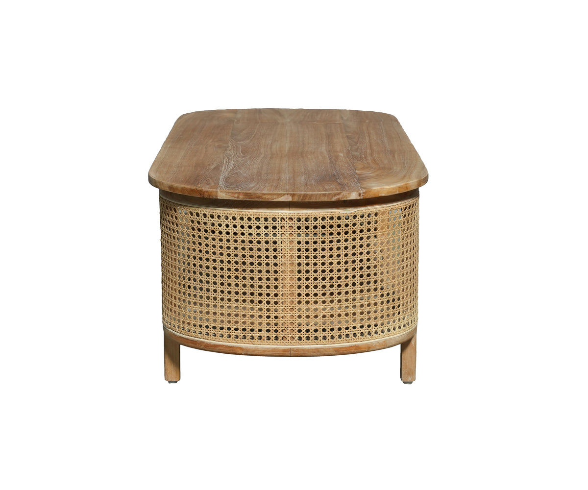 Natural Teak and Cane Oval Coffee Table with Lower Shelf