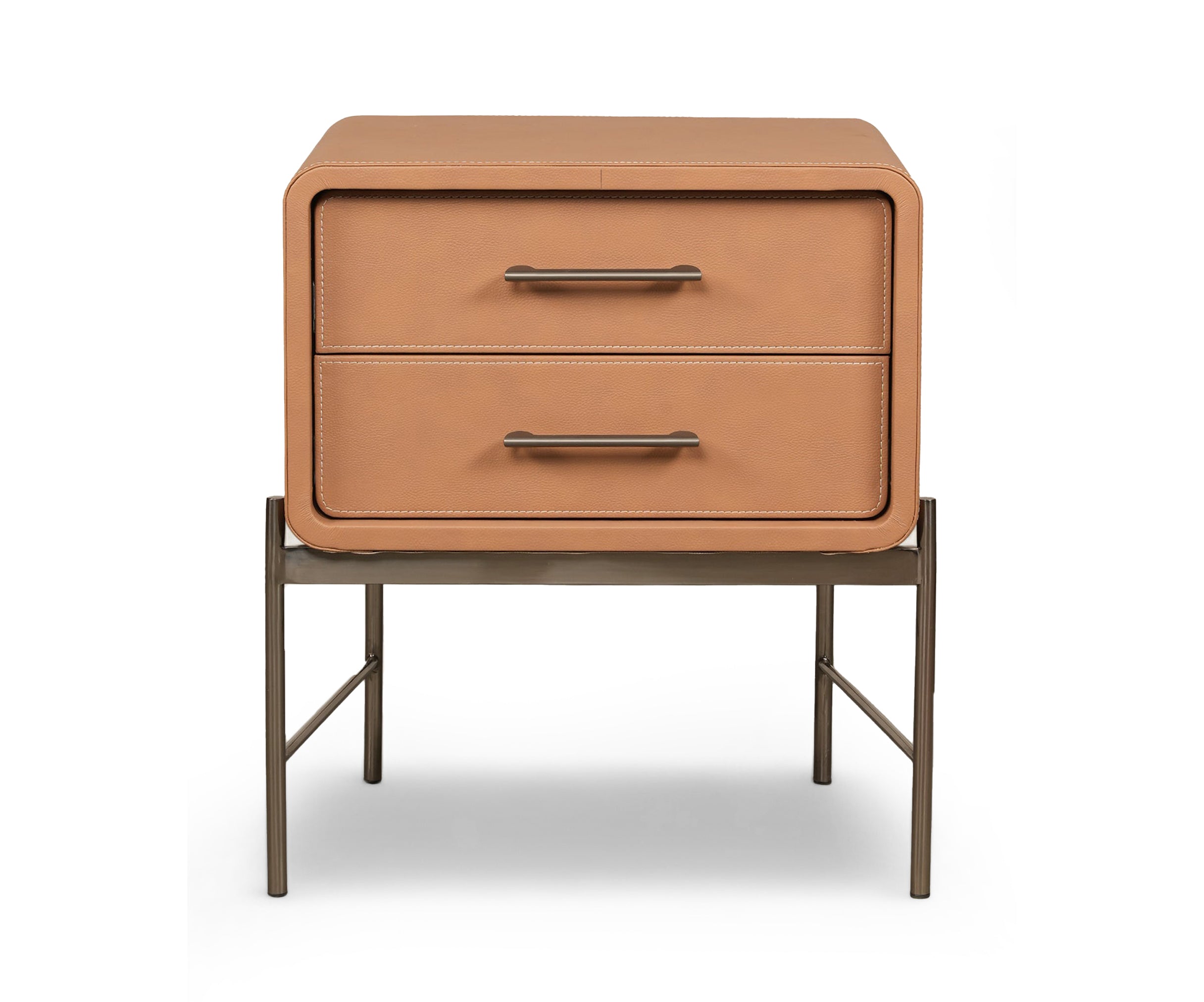 Camel Leather Wrapped 2-Drawer Bed Side Table with Metal Base
