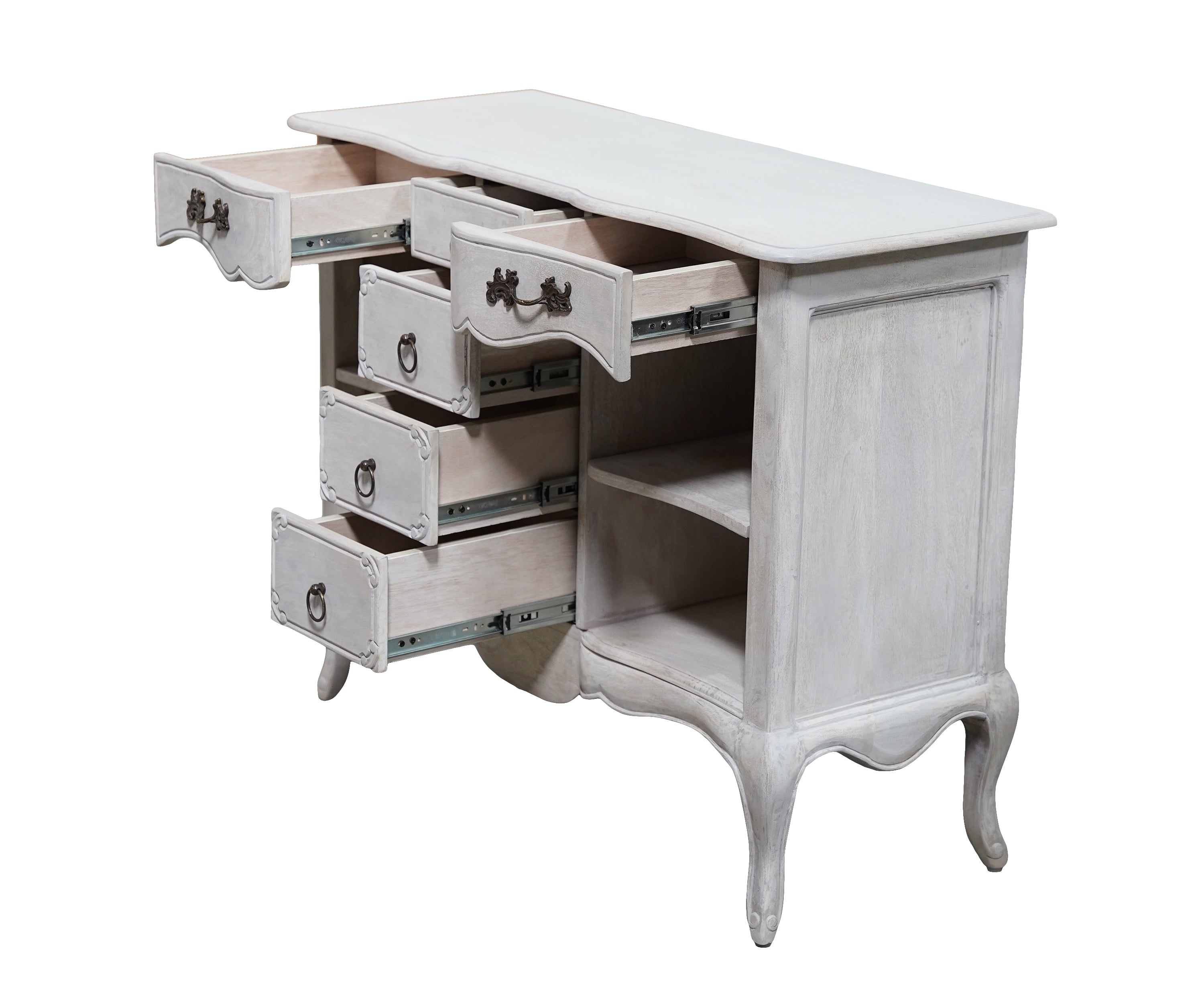 French Style Distressed White Chest of Drawers with Open Shelves