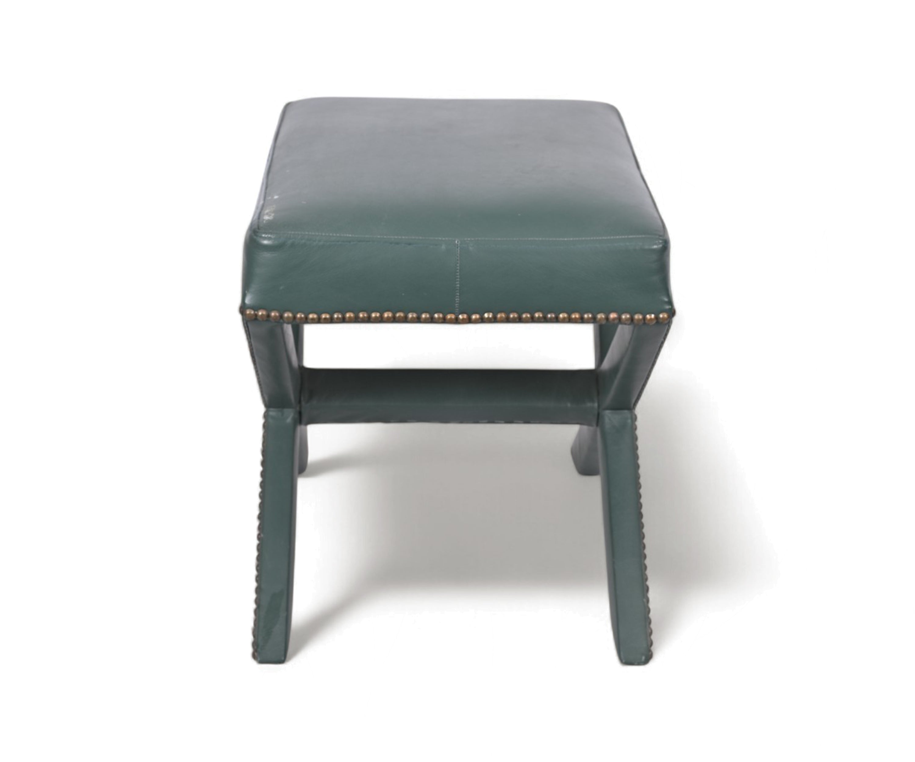Green Upholstered X-Base Stool with Nailhead Trim