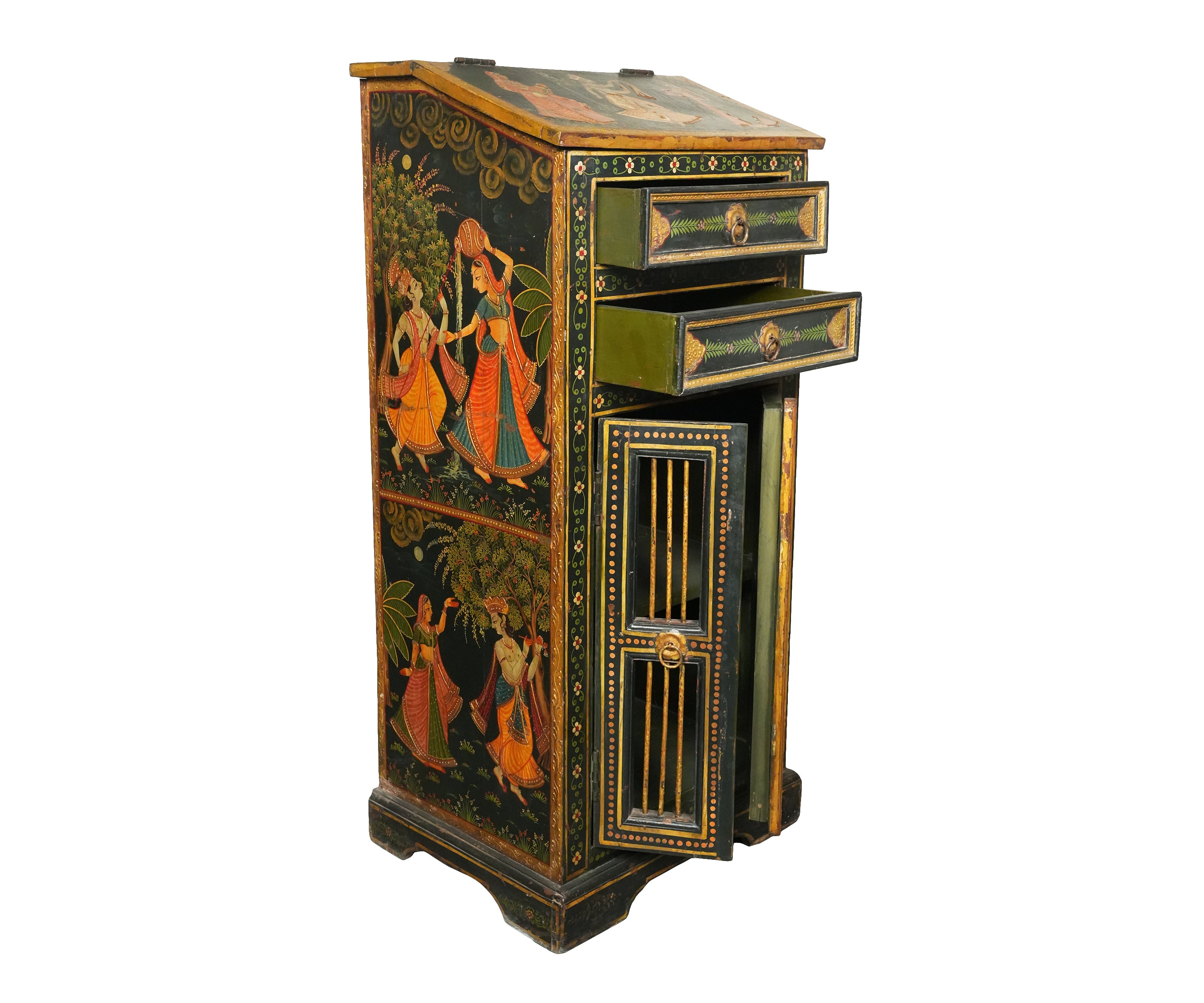 Hand-Painted Wooden Cabinet with Drawers and Double Doors