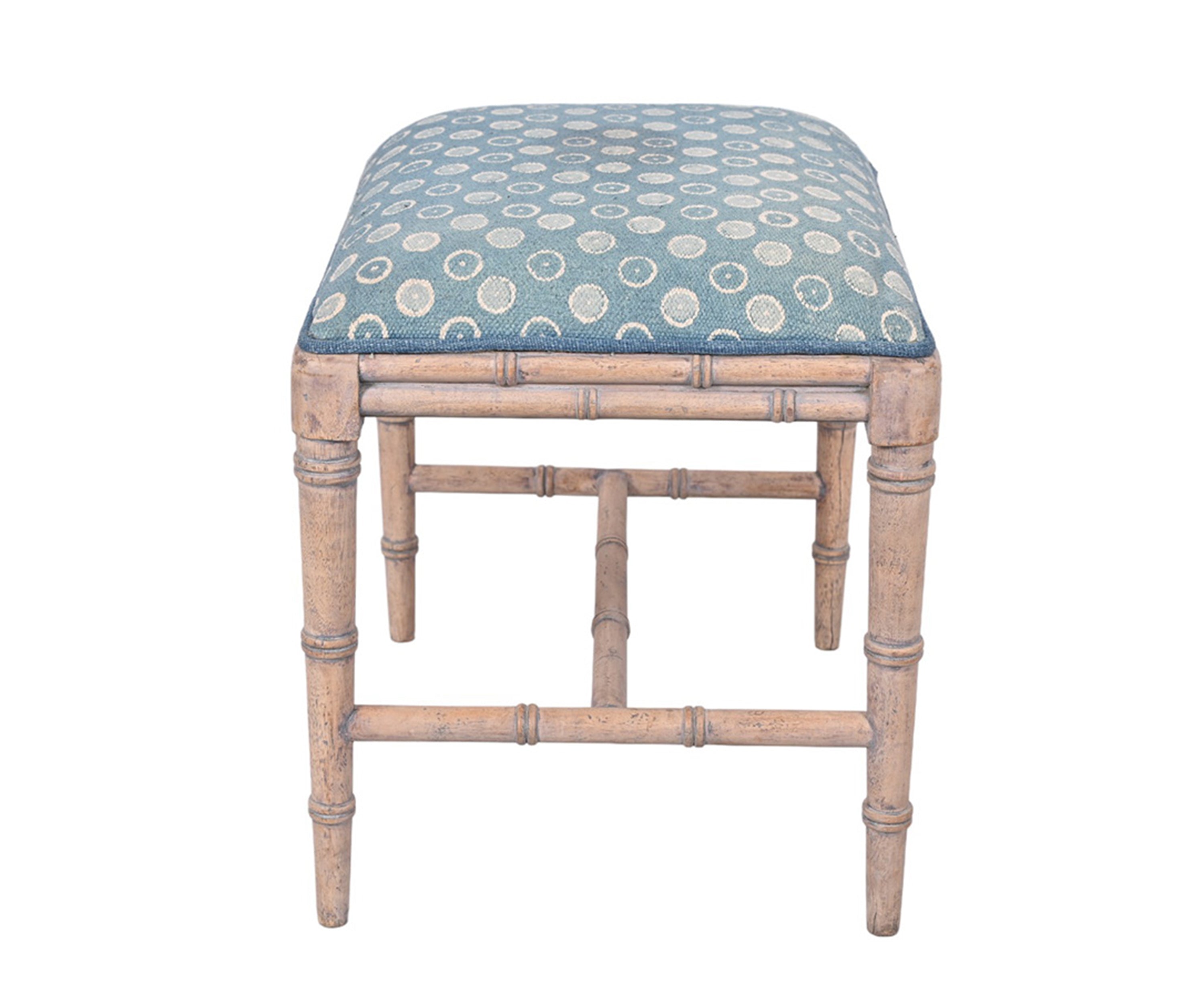 Blue and White Patterned Upholstered Stool with Bamboo-Style Legs