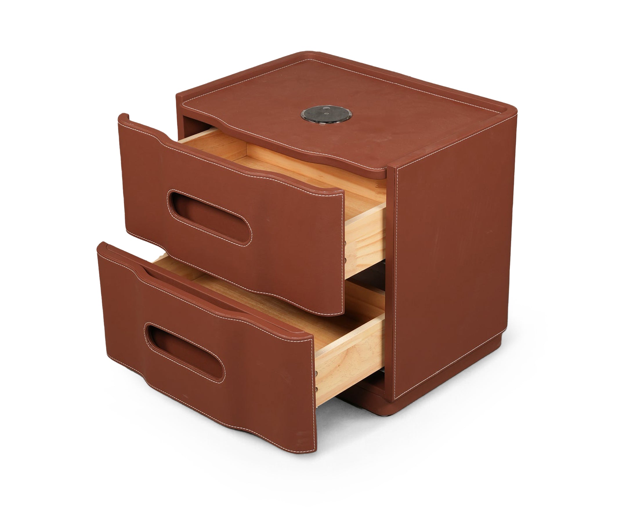 Cognac Leather Wrapped 2-Drawer Bed Side Table with Cutout Handles