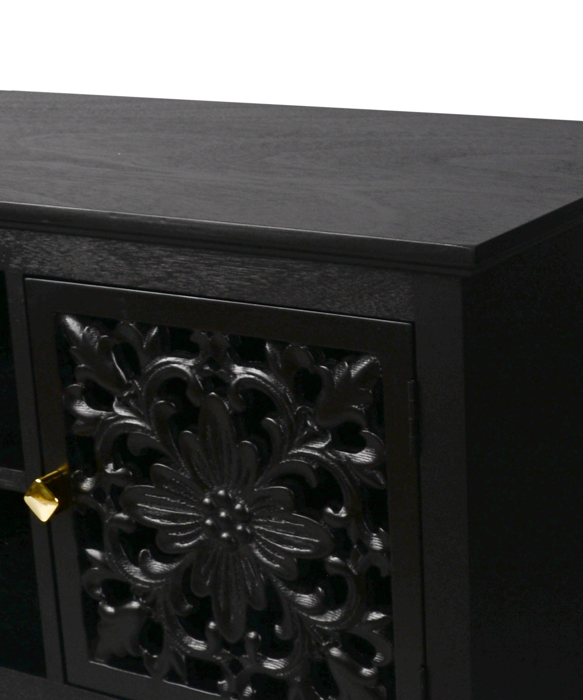 Black Floral Carved TV Unit with Open Shelves