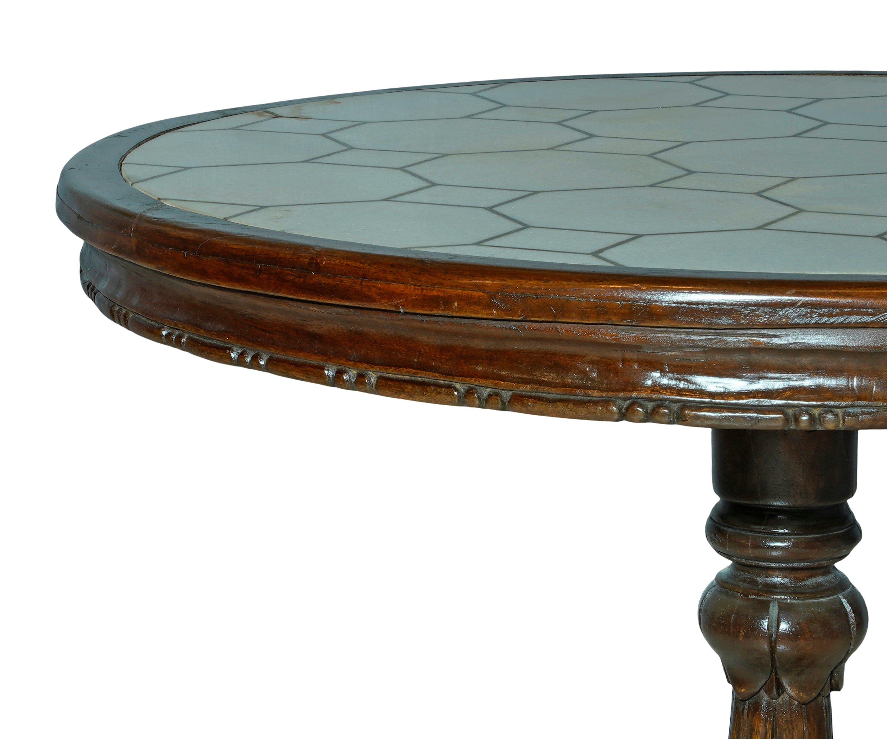 Handcrafted Brass Inlay Round Table with Ornate Carved Solid Wood Base