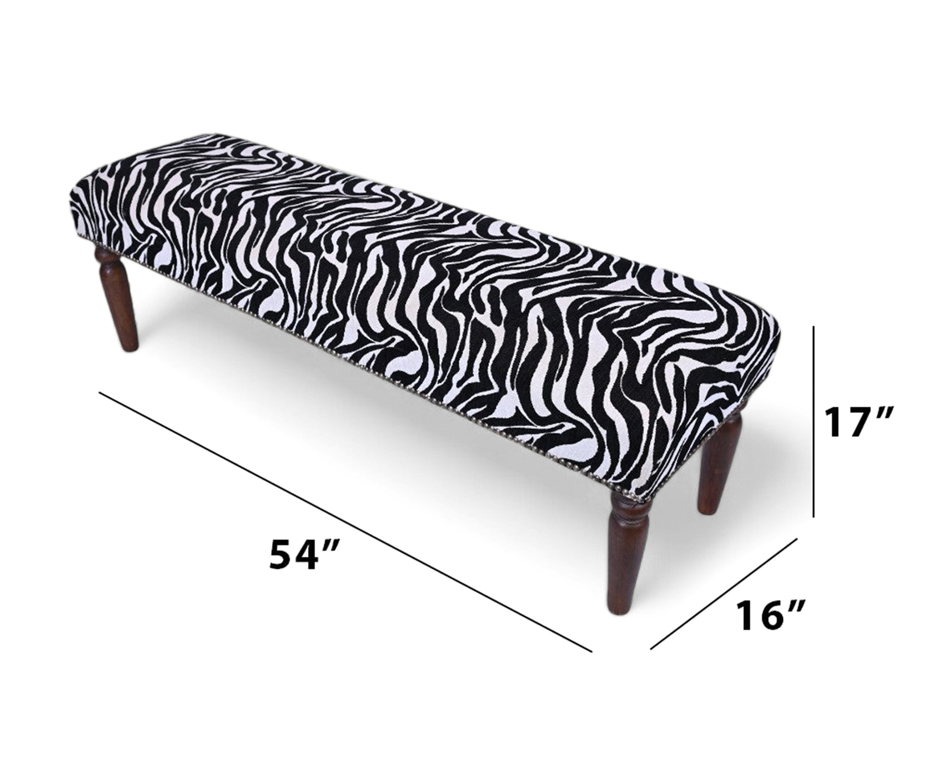 Zebra Print Velvet Bench with Walnut Wooden Legs