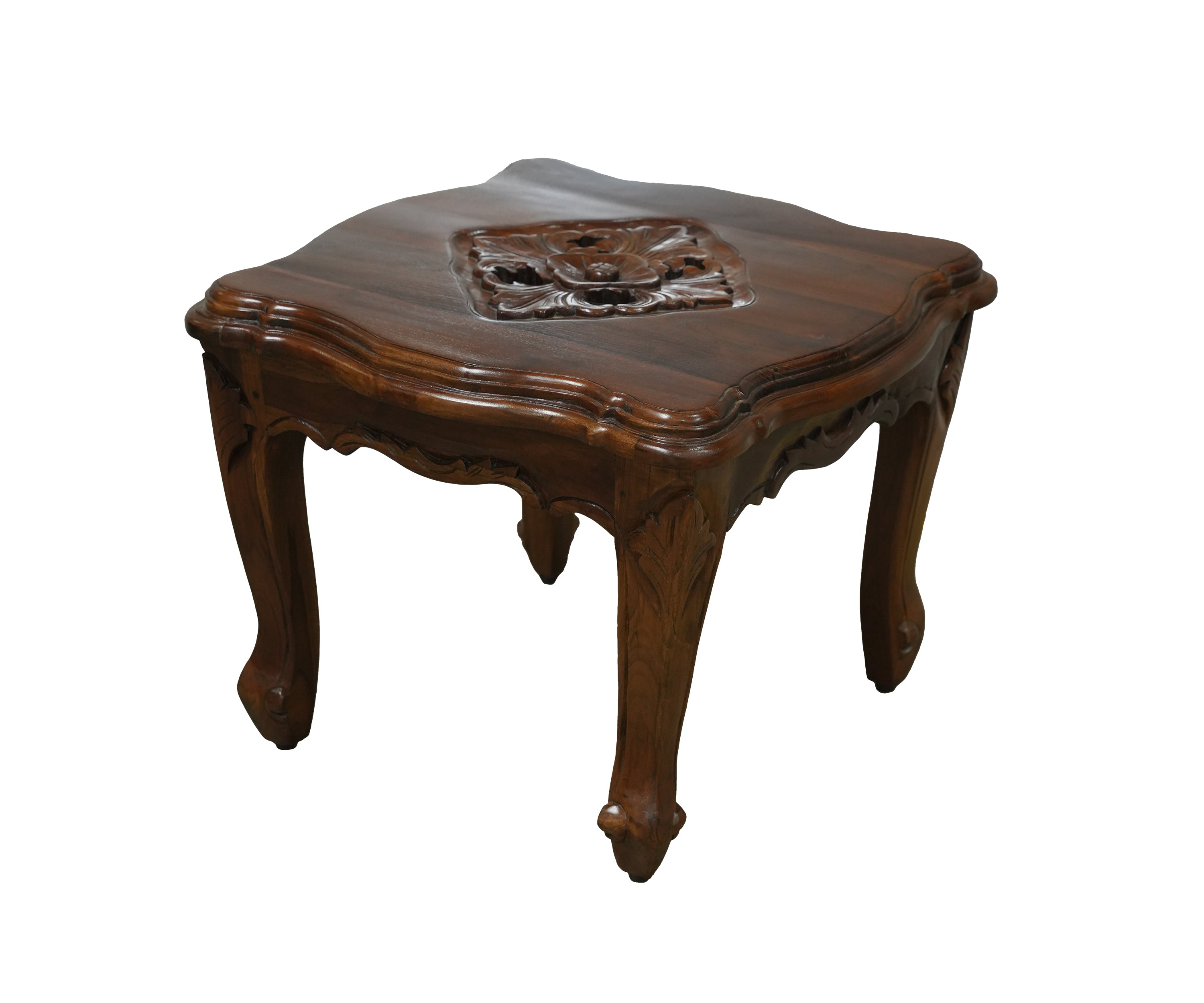 Carved Teak Side Table with Floral Relief Top